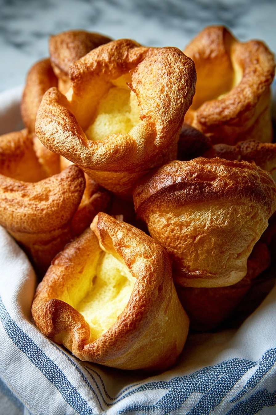 A close-up view of a stack of golden brown popovers with a slightly crispy and puffed texture, arranged on a white cloth with blue stripes. The popovers have hollow centers visible in some pieces, showing a light, airy inside with a pale yellow color. The popovers are piled closely together, creating a sense of depth and highlighting their uneven, rustic shapes and crispy edges. The background features a white marbled texture, softening the warm tones of the popovers. Photo taken with an iphone --ar 2:3 --v 7 - Lofting Popovers, airy popovers, fluffy popover recipe, easy popovers, breakfast popovers