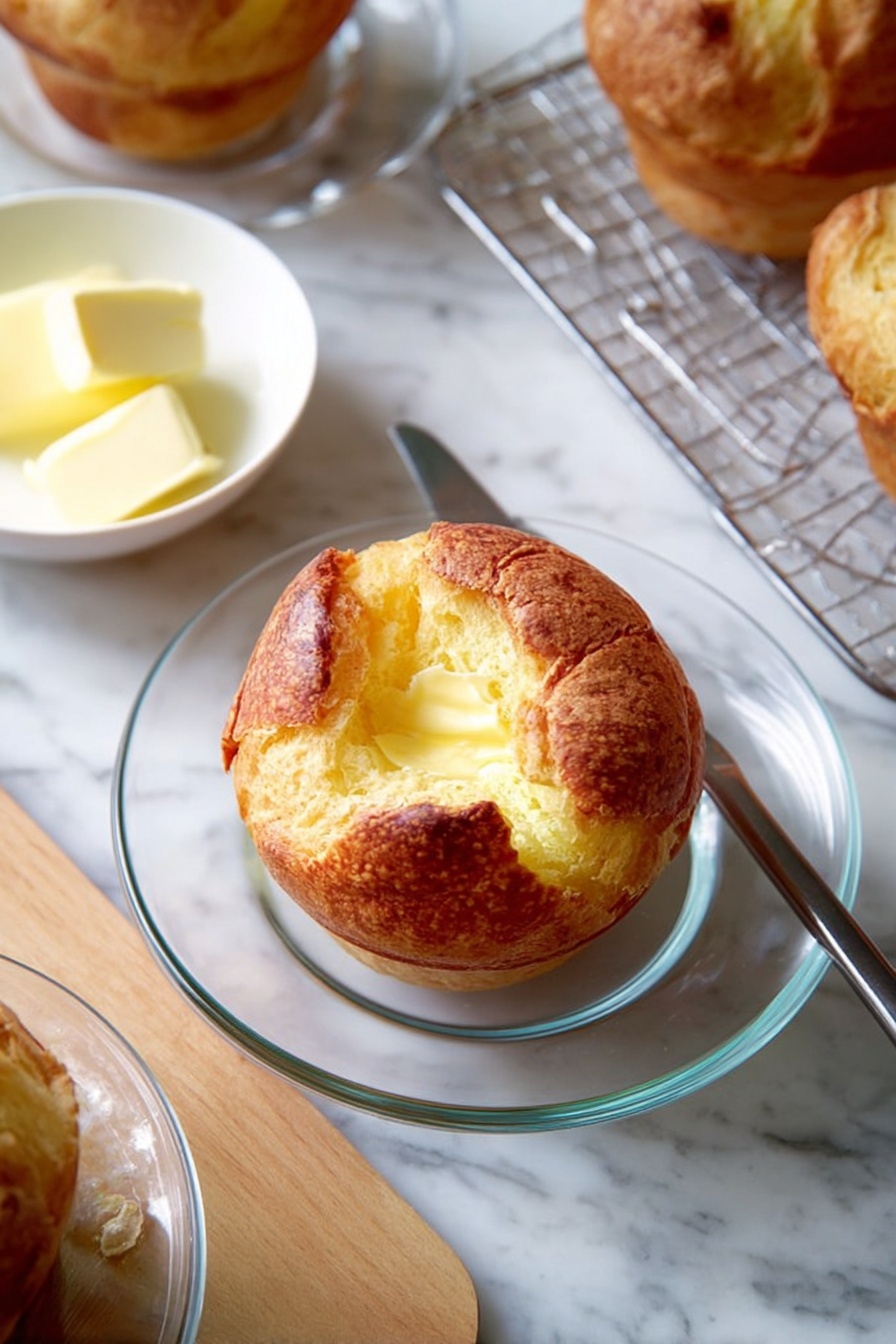 The image shows a single round pastry with a golden brown crust and a slightly cracked top, revealing a soft pale yellow interior. The pastry sits in the middle of a clear glass plate on a white marbled surface. Nearby, there is a small white bowl containing a block of soft yellow butter, with a knife resting on top. Around the main pastry, parts of other similar pastries on glass plates and a cooling rack are visible. Photo taken with an iphone --ar 2:3 --v 7 - Lofting Popovers, airy popovers, fluffy popover recipe, easy popovers, breakfast popovers