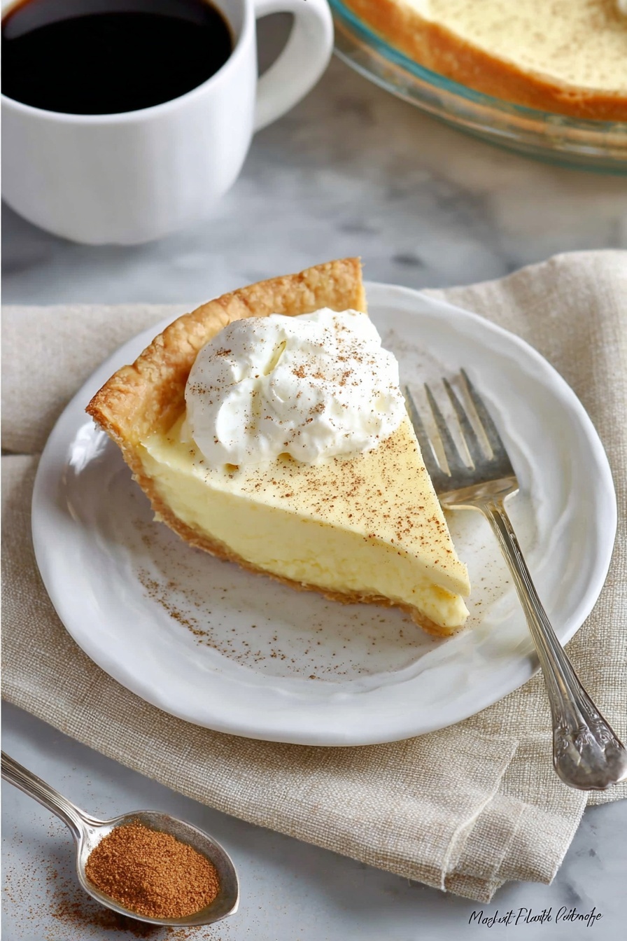 A slice of cream pie is shown on a white plate with a light dusting of brown spice over the top. The pie has two layers: a golden-brown crust at the bottom with a smooth, pale yellow creamy layer above it, topped with a dollop of white whipped cream. A silver fork rests on the plate beside the pie slice. The plate is on a light beige cloth with a metal spoon containing brown spice near the bottom left. In the background, part of a glass pie dish with more pie and a white cup of black coffee sit on a white marbled surface. photo taken with an iphone --ar 2:3 --v 7 - Eggnog Pie, Eggnog Pie with Whipped Topping, Festive Holiday Desserts, Easy Christmas Pie, No-Bake Eggnog Dessert