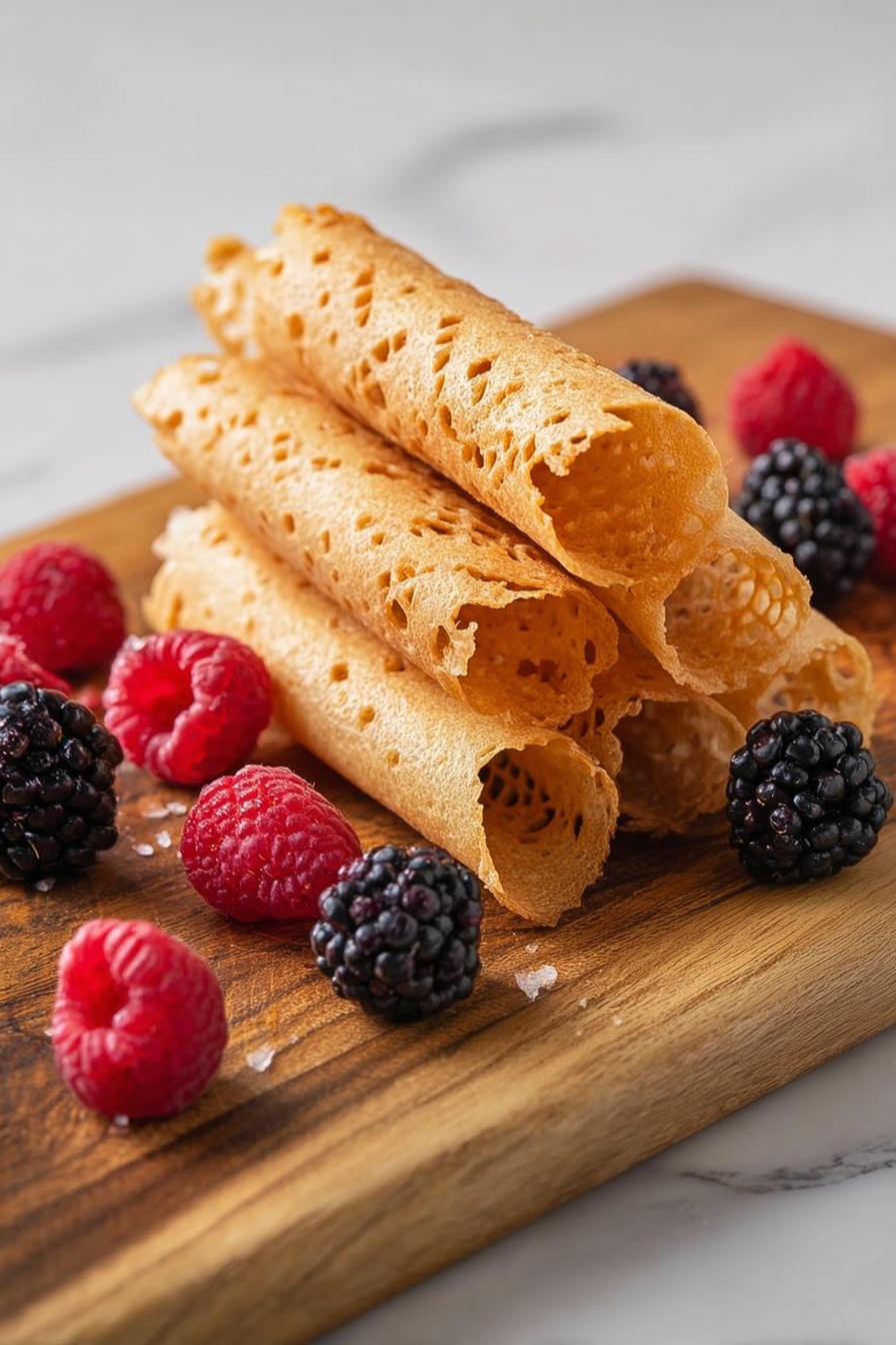 A stack of six golden, crispy rolled wafers with a lacy texture is placed on a wooden board in the center. Around the stack, several fresh raspberries and blackberries are scattered, adding bright red and deep purple colors that contrast with the golden wafers. The board sits on a white marbled surface with soft lighting that highlights the wafers’ delicate crispiness and the fresh berries' juicy texture. photo taken with an iphone --ar 2:3 --v 7 - British Brandy Snaps with Whipped Cream, how to make brandy snaps, classic British dessert recipes, crispy brandy snaps, whipped cream dessert ideas