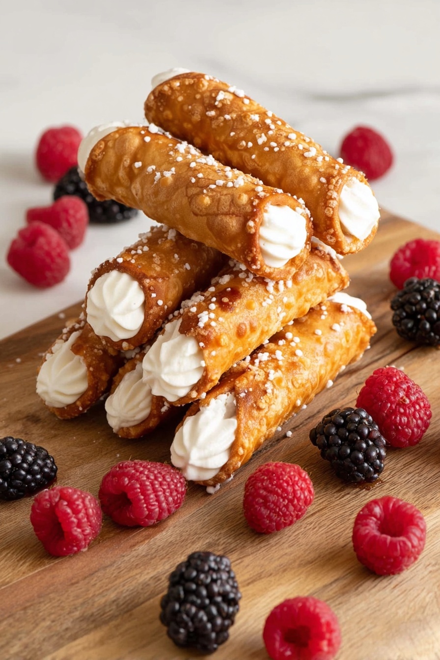 The image shows a pile of seven golden crispy cannoli tubes with white cream filling visible at both ends, stacked in a casual heap on a wooden board. The cannoli shells have a shiny, slightly textured surface with scattered white sugar crystals. Around the cannoli on the board and white marbled surface are fresh red raspberries and black blackberries, adding contrast and color to the scene. The background is white marbled, bright, and clean. photo taken with an iphone --ar 2:3 --v 7 - British Brandy Snaps with Whipped Cream, how to make brandy snaps, classic British dessert recipes, crispy brandy snaps, whipped cream dessert ideas