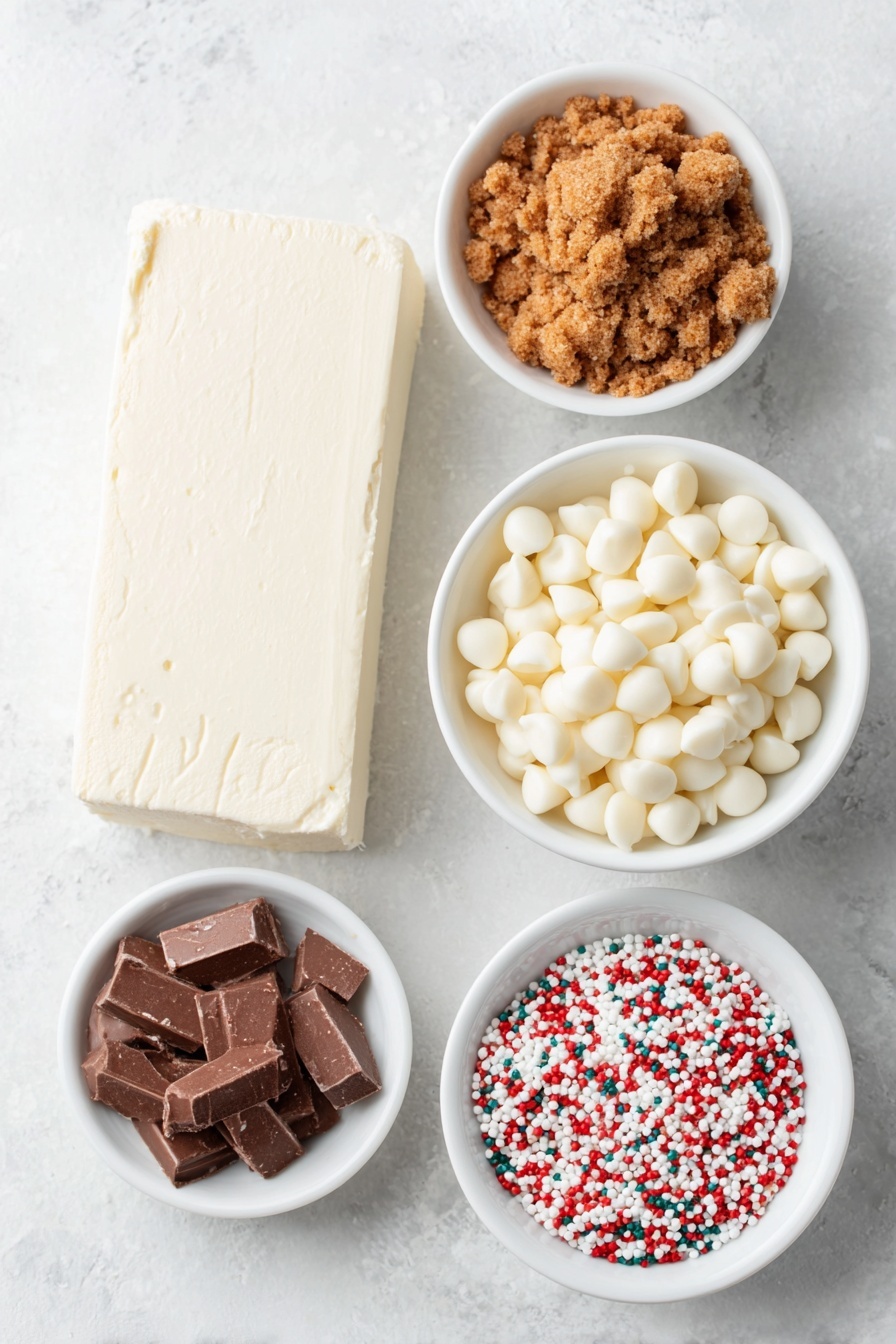 Flat lay of a small pile of crushed gingersnap cookies showing their golden-brown crumbly texture, a smooth block of fresh cream cheese, a small white ceramic bowl filled with glossy white chocolate chips, and a small white ceramic bowl heaped with colorful festive sprinkles, all arranged symmetrically and naturally, placed on a clean white marble surface, soft natural light, photo taken with an iPhone, professional food photography style, fresh ingredients, white ceramic bowls, no bottles, no duplicates, no utensils, no packaging --ar 2:3 --v 7 --p m7354615311229779997 - Gingerbread Truffles with White Chocolate, gingerbread truffles, holiday chocolate treats, festive dessert recipes, easy holiday chocolate bites