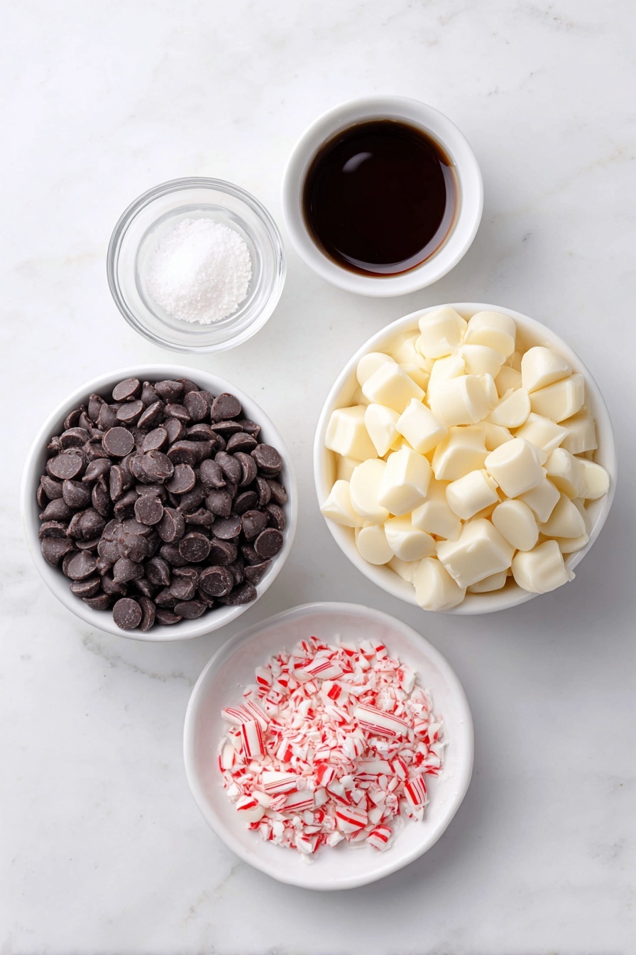 Flat lay of a small white ceramic bowl filled with glossy semisweet chocolate chips, a larger white ceramic bowl piled high with creamy white chocolate chips, a tiny white ceramic bowl containing clear peppermint extract, and a simple white ceramic plate with a neat pile of crushed red and white candy canes, all arranged in perfect symmetry, placed on a clean white marble surface, soft natural light, photo taken with an iPhone, professional food photography style, fresh ingredients, white ceramic bowls, no bottles, no duplicates, no utensils, no packaging --ar 2:3 --v 7 --p m7354615311229779997 - Homemade Peppermint Bark, peppermint bark holiday treat, easy peppermint bark recipe, festive chocolate peppermint bark, homemade chocolate mint dessert