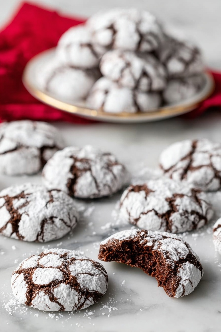 The image shows many round chocolate cookies covered in white powdered sugar, spread out on a white marbled surface. Each cookie has cracks where the dark brown chocolate dough is visible under the powdered sugar layer. One cookie in the front has a bite taken out, showing a soft, dark brown inside with a moist texture. In the background, more cookies are stacked on a white plate with a thin gold rim, resting on a red cloth. photo taken with an iphone --ar 2:3 --v 7 - Chocolate Crinkle Cookies, fudgy chocolate cookies, soft crinkle cookies, easy chocolate cookies, crackled cookie recipe