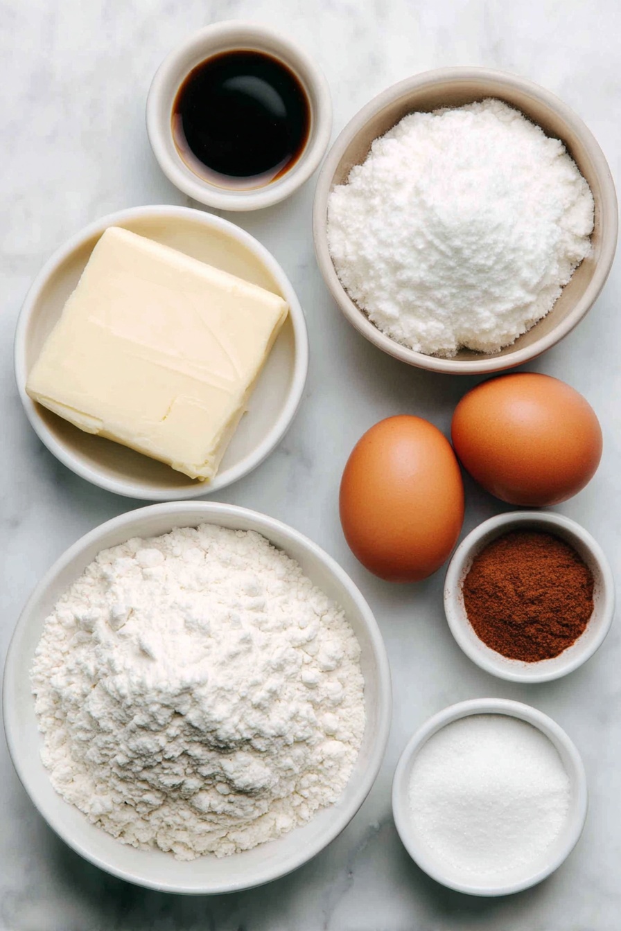 Flat lay of a soft block of unsalted butter, a small heap of white granulated sugar, two large brown eggs with clean shells, a small white bowl of clear vanilla extract, a simple white ceramic bowl filled with white all-purpose flour, a small white bowl holding cream of tartar powder, another small white bowl with baking soda powder, a small white bowl of fine salt, a small white bowl containing a mixture of sugar and ground cinnamon, all arranged with perfect symmetry, placed on a clean white marble surface, soft natural light, photo taken with an iPhone, professional food photography style, fresh ingredients, white ceramic bowls, no bottles, no duplicates, no utensils, no packaging --ar 2:3 --v 7 --p m7354615311229779997 - Chewy Snickerdoodle Cookies, cinnamon sugar cookies, soft chewy cookie recipe, homemade snickerdoodles, classic cinnamon cookies