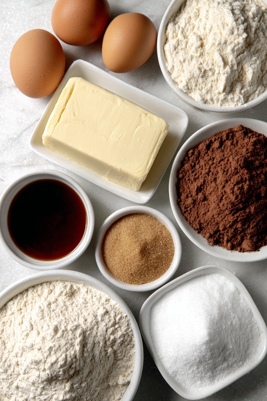 Flat lay of unsalted butter in a small square slab, a small white ceramic bowl of granulated sugar, a small white ceramic bowl of firmly packed light brown sugar, a small white ceramic bowl holding ground cinnamon powder, two whole uncracked brown eggs, a small white ceramic bowl with vanilla extract, a small white ceramic bowl filled with all purpose flour, a small white ceramic bowl of almond flour, a small white ceramic bowl containing cornstarch, a small white ceramic bowl of salt, a small white ceramic bowl with vibrant raspberry jam, a small white ceramic bowl filled with powdered sugar, all arranged symmetrically and balanced, placed on a clean white marble surface, soft natural light, photo taken with an iPhone, professional food photography style, fresh ingredients, white ceramic bowls, no bottles, no duplicates, no utensils, no packaging --ar 2:3 --v 7 --p m7354615311229779997 - Raspberry Linzer Cookies, raspberry jam cookies, buttery Linzer cookies, homemade raspberry cookies, elegant holiday cookies