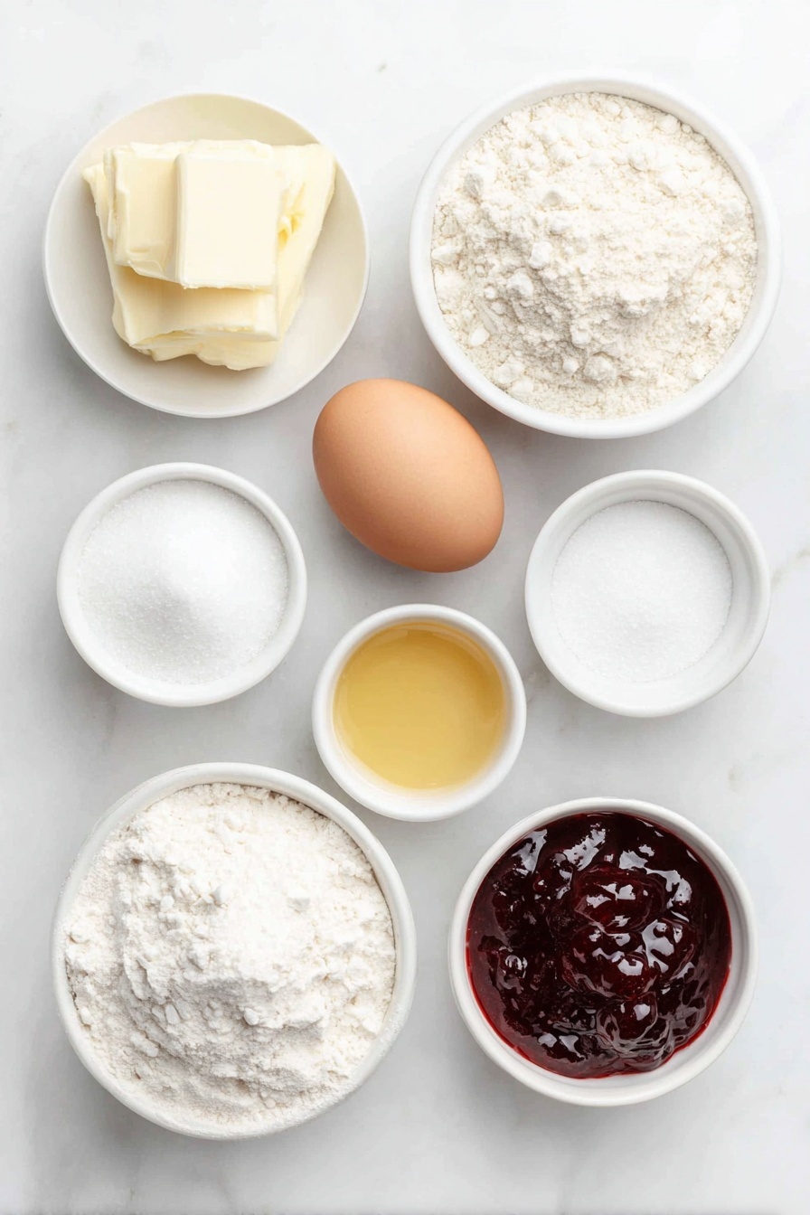 Flat lay of softened unsalted butter in a small white ceramic bowl, a small white bowl filled with superfine sugar, a small white bowl containing golden vanilla extract, one large whole brown egg with a clean shell, a small white ceramic bowl heaped with plain all-purpose flour, a small white bowl with fine kosher salt, a small white bowl filled with glossy red strawberry jam, all ingredients arranged symmetrically and balanced, placed on a clean white marble surface, soft natural light, photo taken with an iPhone, professional food photography style, fresh ingredients, white ceramic bowls, no bottles, no duplicates, no utensils, no packaging --ar 2:3 --v 7 --p m7354615311229779997 - Jam Drop Cookies with Fruity Filling, thumbprint cookies, jam-filled shortbread cookies, easy jam cookies, fruity filling cookie recipe
