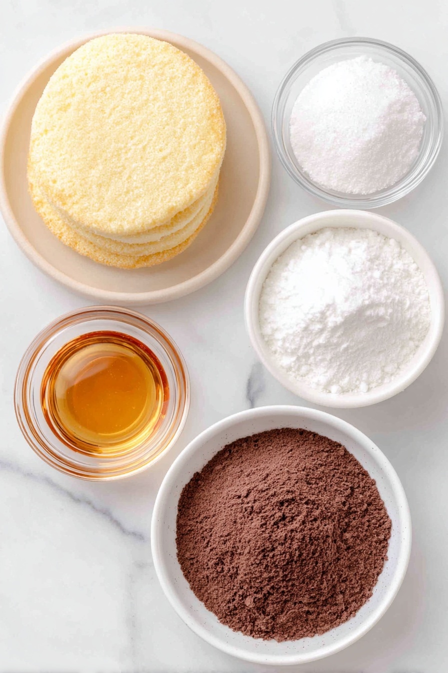 Flat lay of a small pile of whole vanilla wafers with a smooth golden color, a small heap of fine white confectioners’ sugar on a simple white ceramic plate, a small white ceramic bowl filled with rich dark brown cocoa powder, a small white ceramic bowl containing glossy translucent white corn syrup, and a small white ceramic bowl with clear amber rum, all arranged in perfect symmetry with balanced spacing, placed on a clean white marble surface, soft natural light, photo taken with an iPhone, professional food photography style, fresh ingredients, white ceramic bowls, no bottles, no duplicates, no utensils, no packaging --ar 2:3 --v 7 --p m7354615311229779997 - Festive Rum Balls, Rum Balls Recipe, Holiday No-Bake Treats, Boozy Christmas Desserts, Easy Festive Sweets