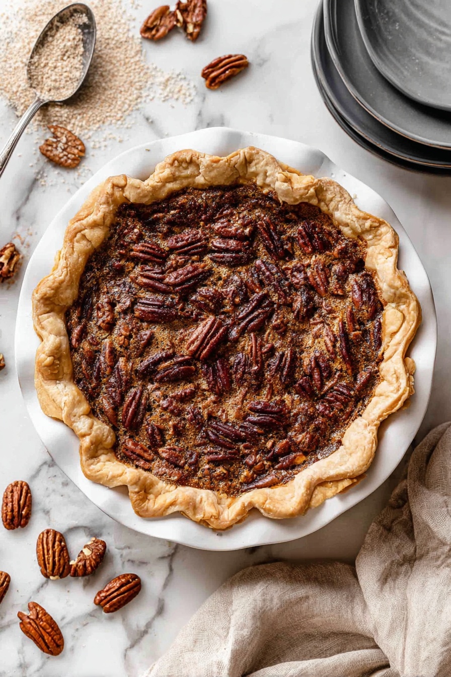 The image shows a pecan pie in a white fluted pie dish placed on a white marbled surface. The pie has a golden-brown crust with ruffled edges forming a thick, uneven border. The filling is dark brown with a slightly shiny texture, densely packed with whole pecan halves that are toasted and glossy, scattered evenly on top. Around the pie, there are loose pecans and a spoon with some light brown sugar spilling out, plus a beige cloth partly folded nearby. In the top right corner, two stacked dark gray plates sit on the white marbled surface. photo taken with an iphone --ar 2:3 --v 7 - Pecan Pie, Easy Homemade Pecan Pie, Southern Dessert, Classic Pecan Pie, Fall dessert recipes