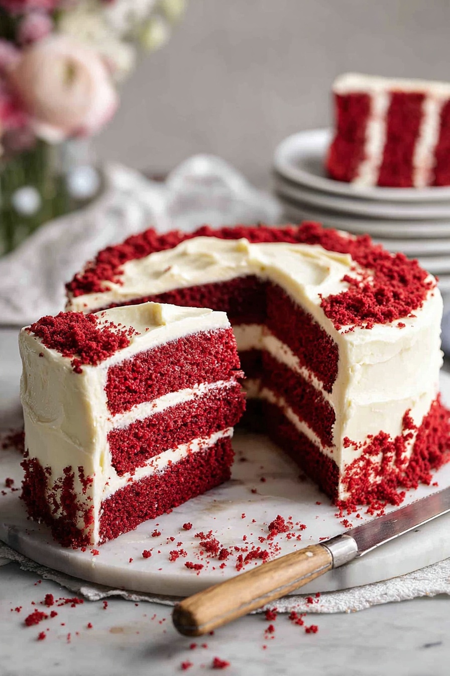 The image shows a two-layer red velvet cake with bright red, soft, and moist cake layers separated by a thick, smooth, white cream cheese frosting layer. The whole cake is covered evenly with the creamy white frosting, with red cake crumbs sprinkled at the base and top edge for decoration. One slice with clear sharp edges is being lifted, showing the rich texture inside. The cake sits on a white marbled surface with some crumbs scattered around, and a knife with a wooden handle lies nearby. In the soft blurred background, there are white plates stacked with slices of cake and some blurred flowers. photo taken with an iphone --ar 2:3 --v 7 - Red Velvet Cake, Red Velvet Cake Recipe, moist Red Velvet Cake, best Red Velvet Cake, easy Red Velvet Cake