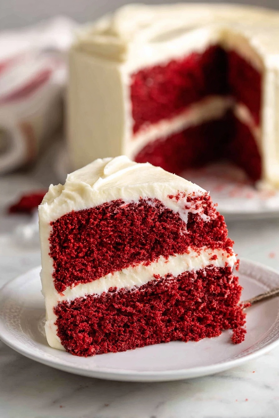 A close-up of a slice of red velvet cake on a white plate with two thick layers of deep red cake separated by a smooth, thick layer of white cream cheese frosting. The cake slice is topped and coated on the sides with more creamy white frosting. In the background, the remaining whole cake is visible with matching layers and the same white frosting. The setting includes a white marbled surface with soft lighting highlighting the rich color contrast between the red cake and white frosting. Photo taken with an iphone --ar 2:3 --v 7 - Red Velvet Cake, Red Velvet Cake Recipe, moist Red Velvet Cake, best Red Velvet Cake, easy Red Velvet Cake