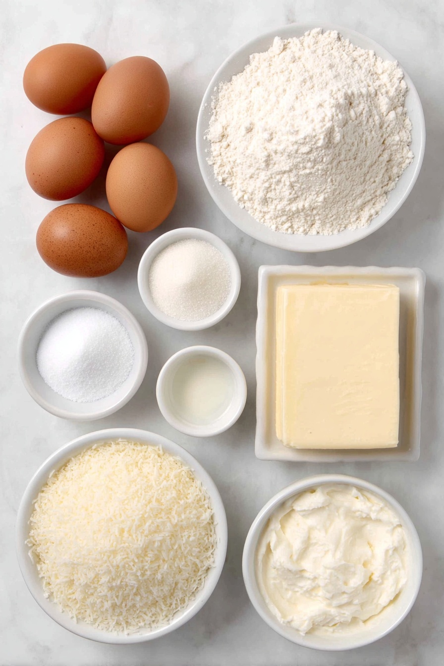 Flat lay of a small mound of fine white cake flour, two teaspoons of pale baking powder powder gently heaped, a tiny mound of off-white baking soda, a small heap of fine salt crystals, a thick rectangle of unsalted butter softened and smooth, a small pile of sparkling granulated sugar, five large whole uncracked brown eggs, a small white ceramic bowl filled with creamy sour cream, a small white bowl holding clear vanilla extract, a small white bowl with translucent coconut extract, a small white bowl filled with rich white coconut milk, a small heap of sweetened shredded coconut flakes, a block of full-fat cream cheese with a smooth surface, a small white bowl of fine confectioners’ sugar, all ingredients fresh and natural without packaging, arranged with perfect symmetry on a clean white marble surface, soft natural light, photo taken with an iPhone, professional food photography style, fresh ingredients, white ceramic bowls, no bottles, no duplicates, no utensils, no packaging --ar 2:3 --v 7 --p m7354615311229779997 - Easy Coconut Cake, moist coconut cake, tropical cake recipe, fluffy coconut dessert, homemade coconut cake
