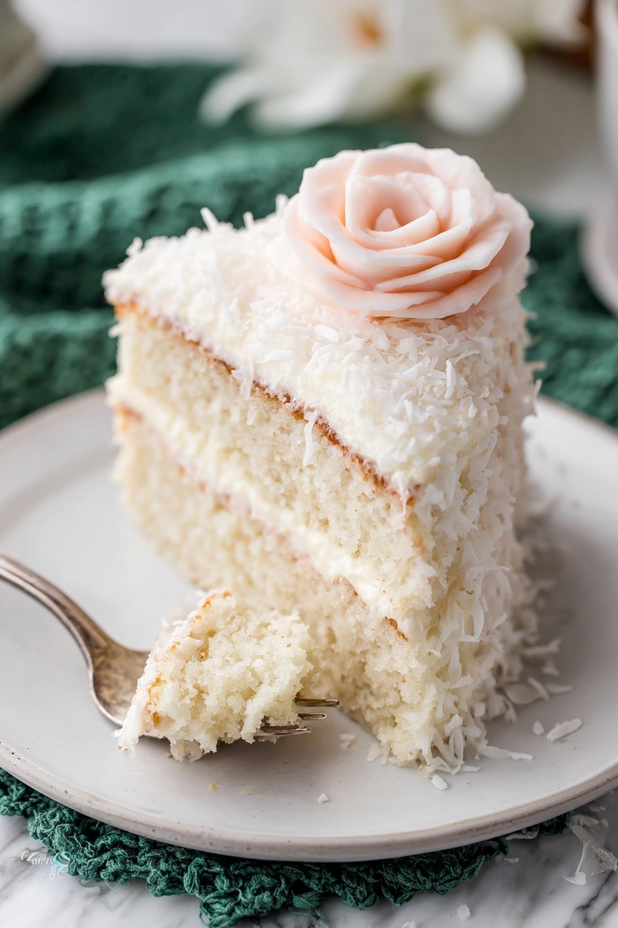 A slice of three-layer pale yellow cake is on a white plate with a white marbled texture beneath. Each cake layer is soft and moist, separated by two thick layers of white creamy frosting. The outside of the cake is fully covered with thick white frosting that has a slightly rough texture from small coconut flakes. On top, there is a light pink frosting flower that adds a delicate touch to the slice. A small piece of cake with frosting is on a fork near the plate’s edge. The background is softly blurred with a brown wooden tone and some teal fabric visible. Photo taken with an iphone --ar 2:3 --v 7 - Easy Coconut Cake, moist coconut cake, tropical cake recipe, fluffy coconut dessert, homemade coconut cake