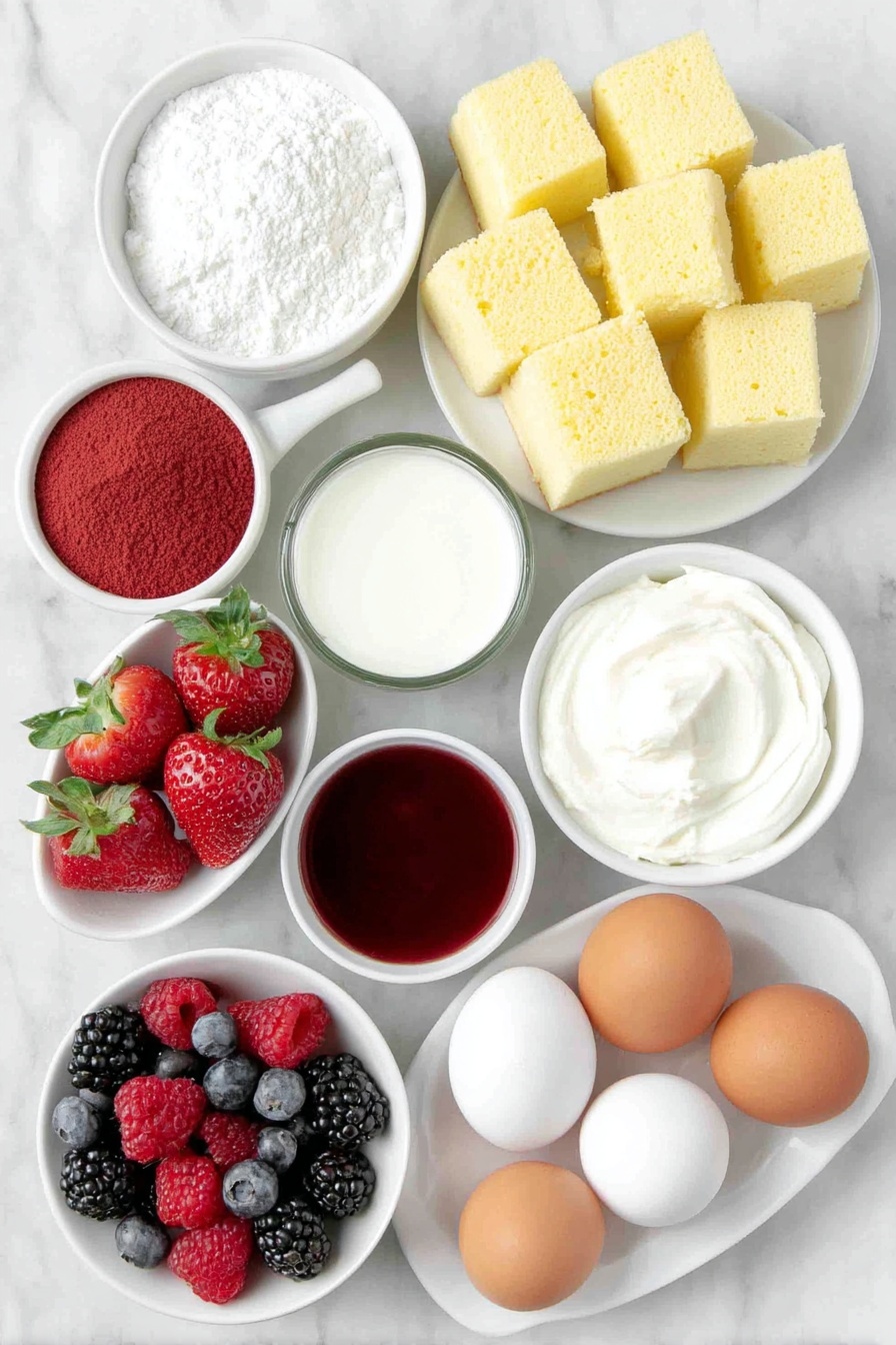 Flat lay of a simple white ceramic plate with irregular cubes of golden Madeira cake, a small white bowl of bright red gelatine powder, a small white bowl filled with glossy deep red cranberry juice, a small white bowl containing a pale golden orange fruit liquor, fresh halved strawberries with vibrant red flesh and green leaves, a small cluster of plump blueberries and raspberries, a small white bowl holding thick, creamy white heavy cream, a small white bowl of fine white caster sugar, whole smooth brown eggs with clean shells arranged neatly, a small white bowl of pale yellow cornflour, a small white bowl with fresh white milk, and a small white bowl with viscous creamy vanilla bean paste placed on a clean white marble surface, soft natural light, photo taken with an iPhone, professional food photography style, fresh ingredients, white ceramic bowls, no bottles, no duplicates, no utensils, no packaging --ar 2:3 --v 7 --p m7354615311229779997 - Festive Cranberry Fruit Trifle, cranberry trifle dessert, holiday layered fruit trifle, easy cranberry trifle recipe, Christmas fruit trifle
