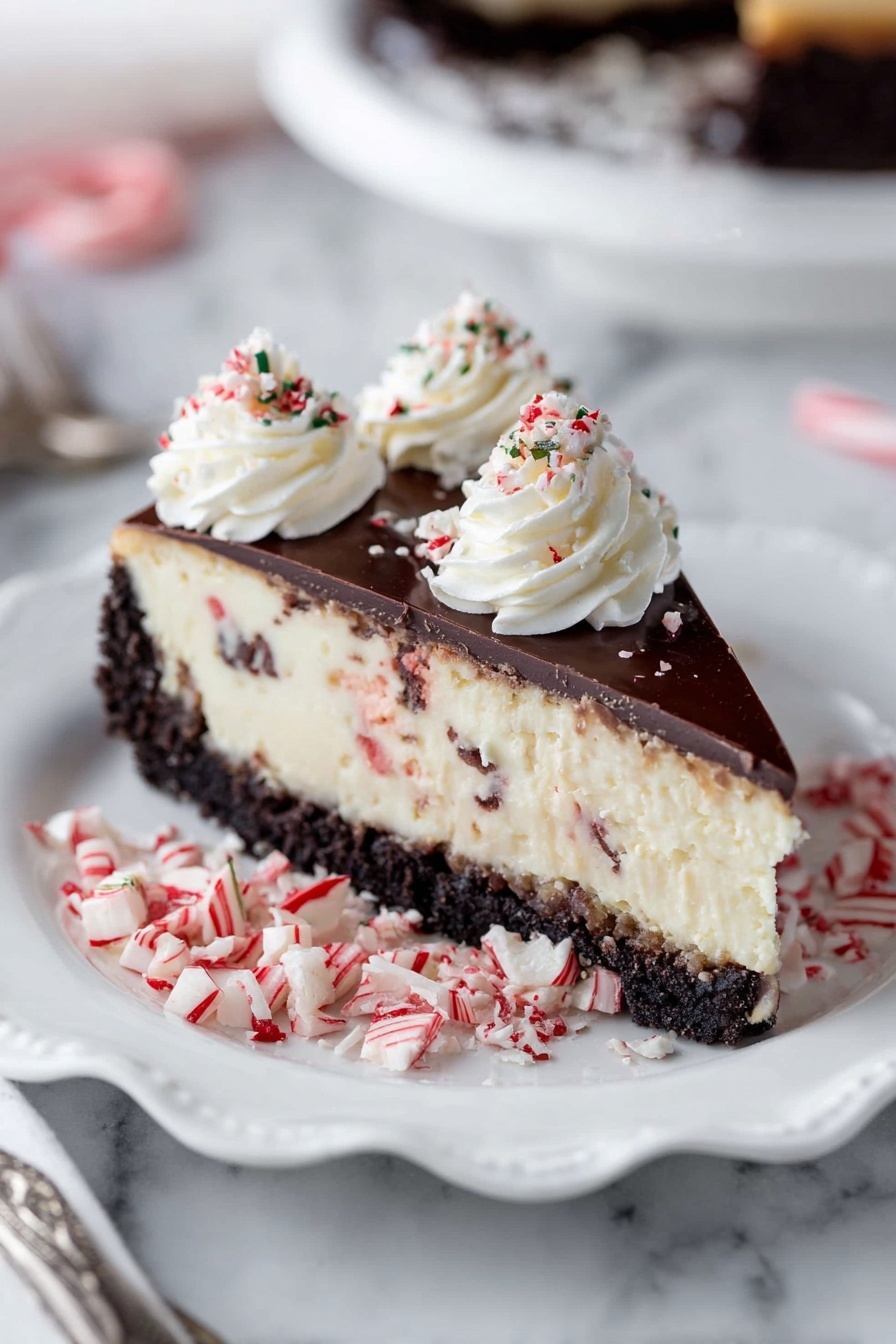 A slice of creamy cheesecake sits on a white plate with scalloped edges, showing three layers: a dark crumbly chocolate crust at the bottom, a thick creamy white filling with small red and dark specks in the middle, and a smooth shiny dark chocolate layer on top. On top of the chocolate layer, there are three swirls of white whipped cream sprinkled with tiny red and dark flakes. Around the plate, crushed pieces of red and white candy cane add extra color. The background is a white marbled surface, and a woman's hand is partially visible holding a fork near the bottom left corner. photo taken with an iphone --ar 2:3 --v 7 - Peppermint Bark Cheesecake, holiday peppermint cheesecake, festive cheesecake with chocolate and candy canes, mint chocolate cheesecake, easy peppermint dessert