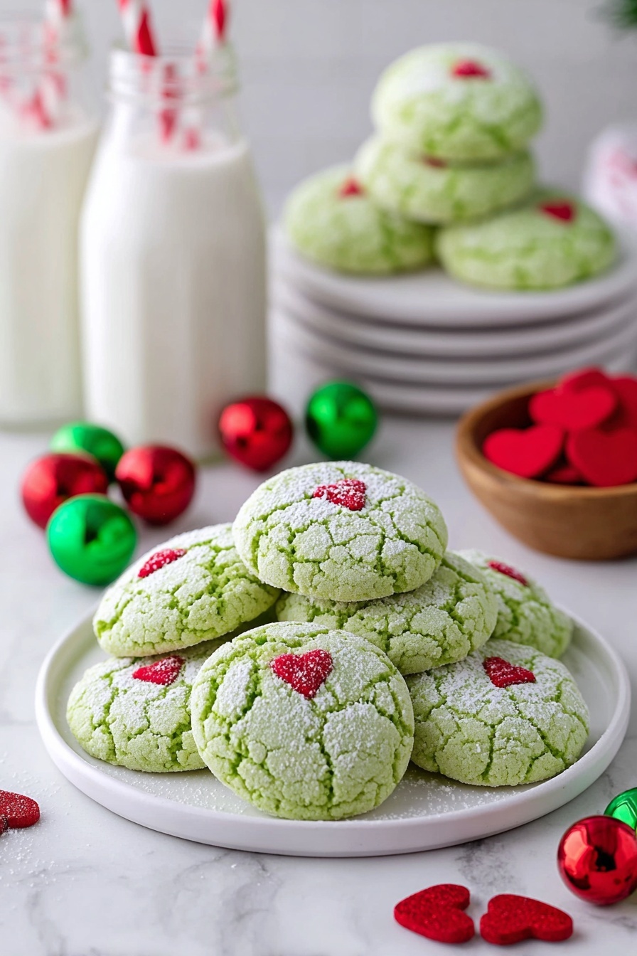 A white plate filled with about fifteen green cookies, each with a cracked texture and dusted lightly with white powdered sugar; every cookie is decorated with a small red heart shape placed off-center on top. Behind this plate, there is a stack of two white plates, each holding three similar green cookies with red heart decorations. The scene includes two glass bottles of milk with red and white striped straws and a white marbled surface decorated with scattered red and green shiny Christmas ball ornaments and a wooden bowl containing more small red heart shapes. Photo taken with an iphone --ar 2:3 --v 7 - Grinch Peppermint Cookies, festive holiday cookies, green peppermint cookies, easy Christmas cookie recipe, colorful holiday treats