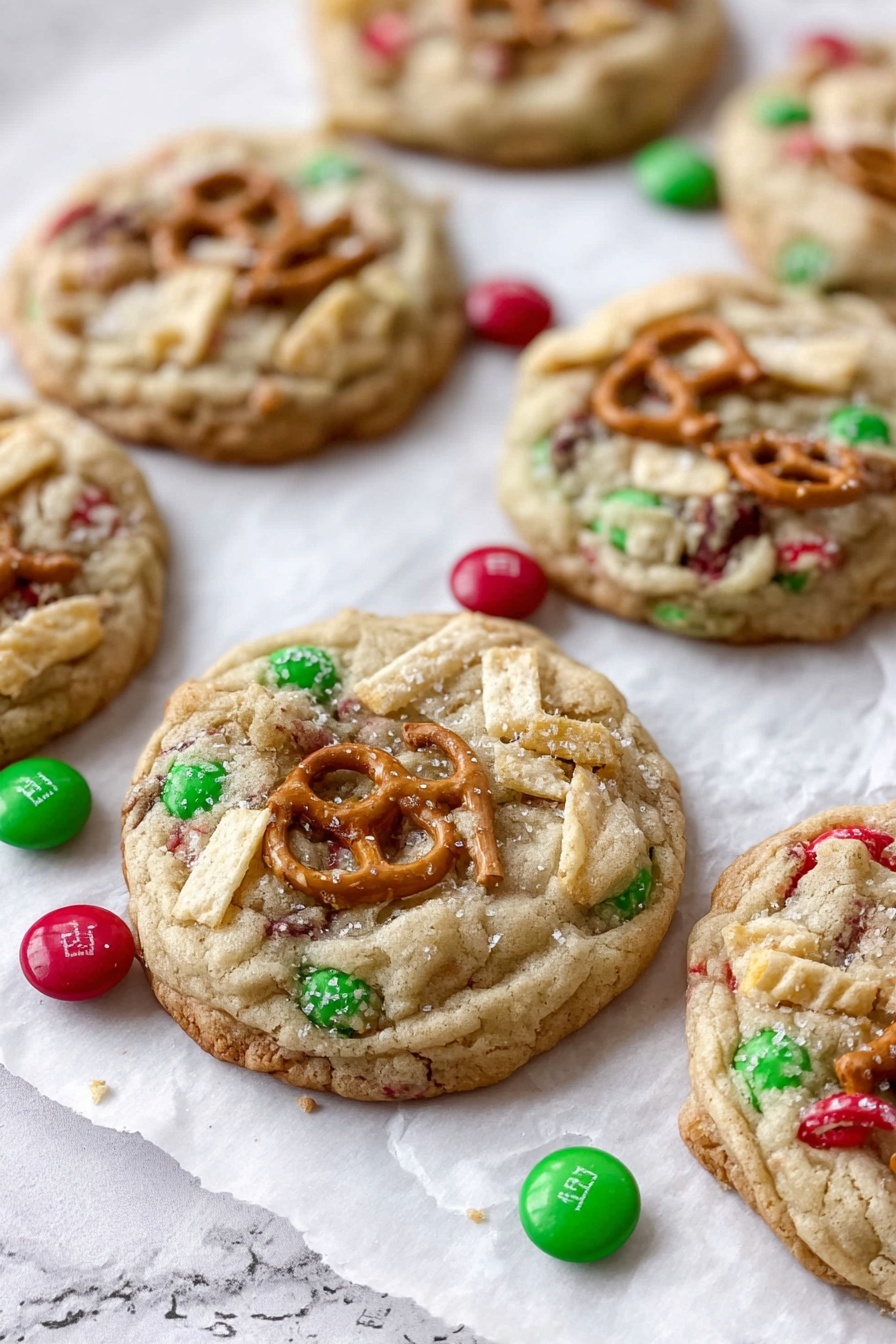 The image shows seven thick cookies laid on white parchment paper over a white marbled surface. Each cookie is light brown and chunky with three main visible layers: the soft dough base, scattered red and green candy pieces embedded inside, and crunchy pretzel pieces along with ridged potato chip bits placed on top. Some loose red and green candies surround the cookies. The texture of the cookies appears soft and a little crumbly with the pretzels and chips adding a crisp contrast. Photo taken with an iphone --ar 2:3 --v 7 - Santa's Trash Cookie, festive cookie recipe, holiday no-bake cookies, salty sweet cookie treats, easy Christmas cookies