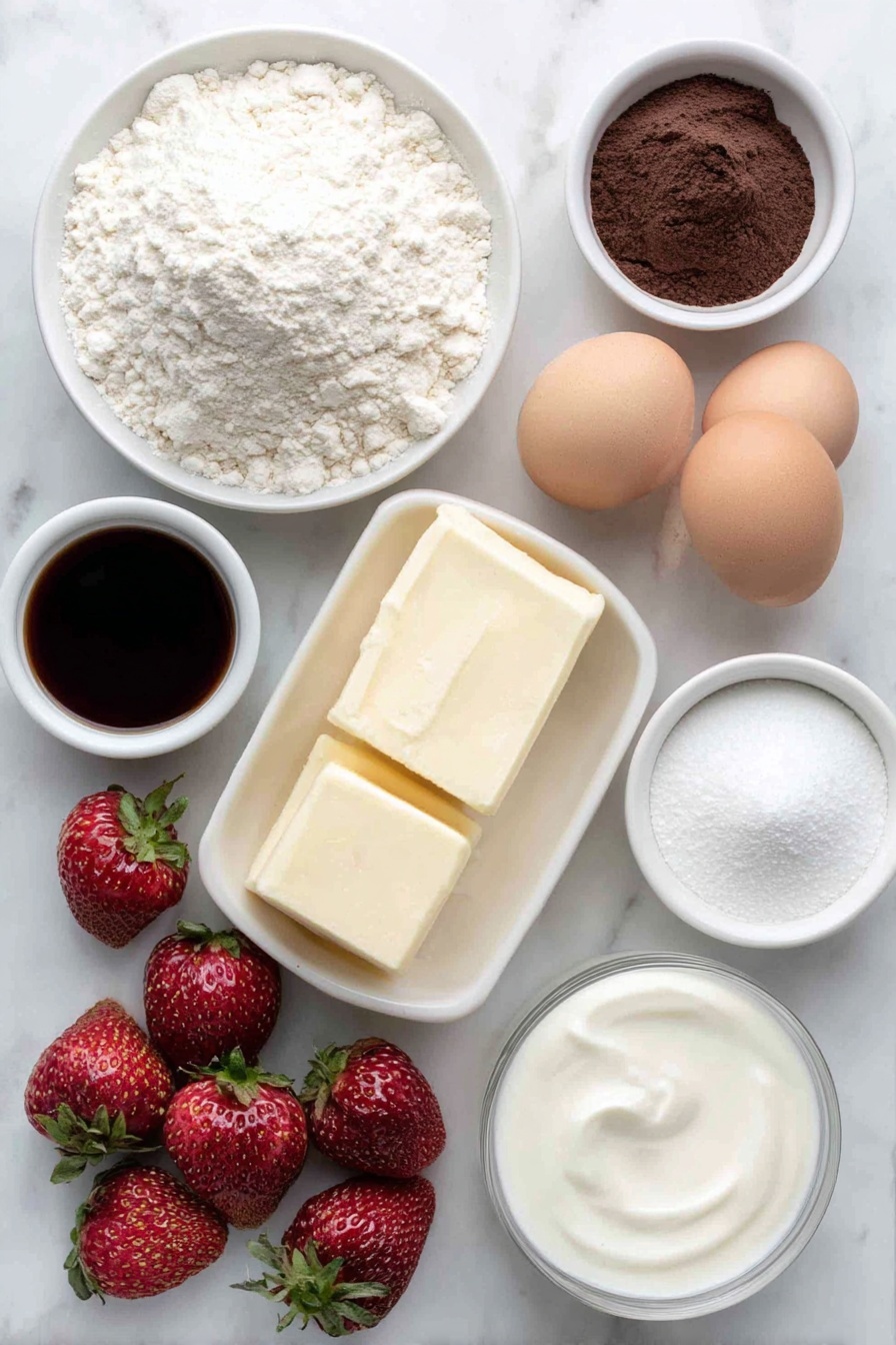 Flat lay of a small mound of fine all-purpose flour in a neat pile, a small heap of smooth unsweetened cocoa powder, two whole brown eggs with clean shells, a few tablespoons of soft creamy butter shaped into a small square chunk, white granulated sugar in a small neat pile, pure vanilla extract poured into a small white ceramic bowl, pure white icing sugar heaped lightly in a separate small white bowl, a few tablespoons of fresh milk or heavy cream in a small white bowl, and ripe whole strawberries with green leafy tops, all arranged symmetrically and balanced in proportions on a clean white marble surface, soft natural light, photo taken with an iPhone, professional food photography style, fresh ingredients, white ceramic bowls, no bottles, no duplicates, no utensils, no packaging --ar 2:3 --v 7 --p m7354615311229779997 - Strawberry Santa Hat Cupcakes, Christmas cupcakes, holiday dessert recipes, festive cupcake ideas, easy holiday baking