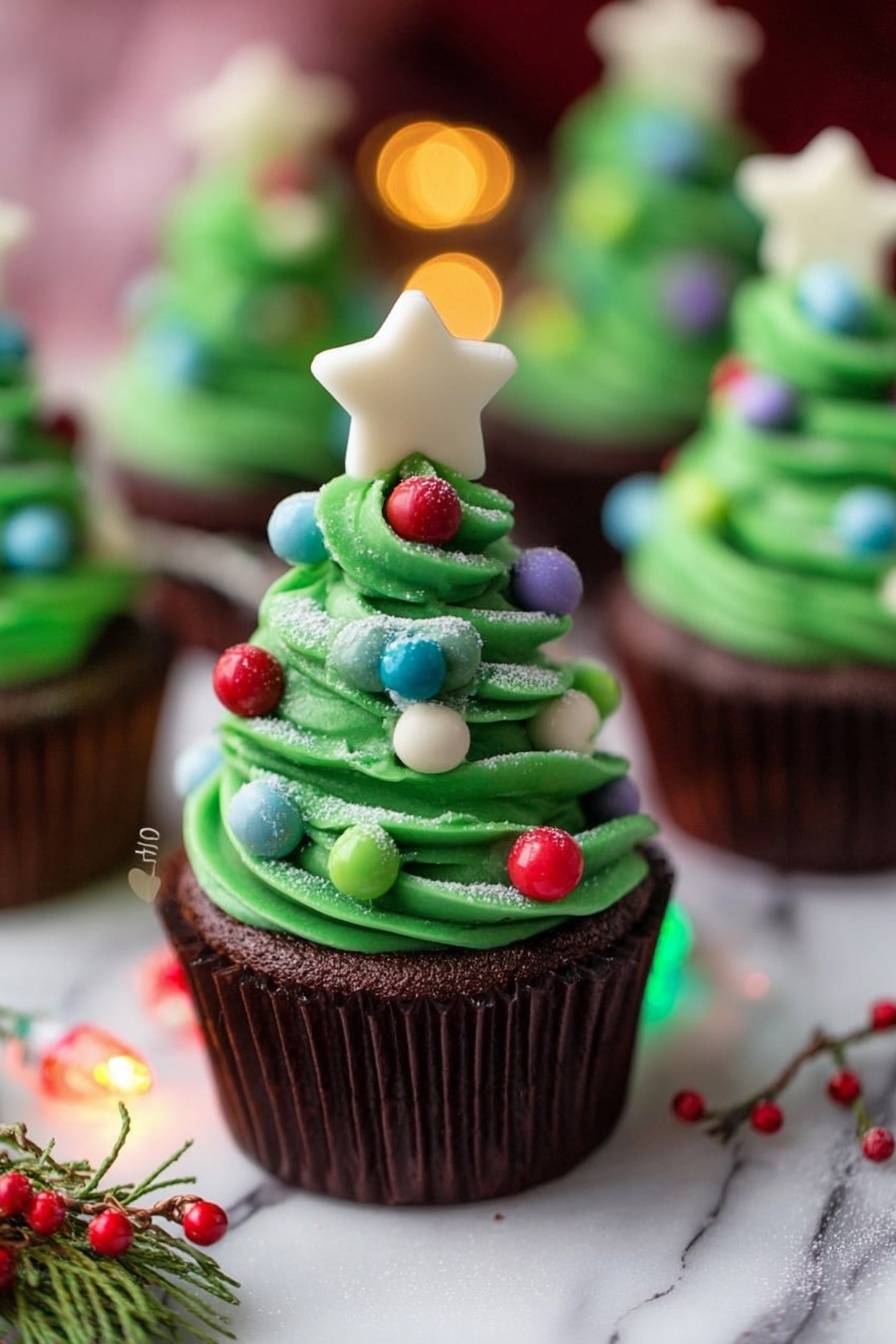 A chocolate cupcake in a dark brown wrapper sits on a white marbled surface, topped with three thick, wavy layers of bright green frosting shaped like a Christmas tree. The frosting is decorated with small, round candy balls in red, blue, green, white, and purple colors, spaced evenly around the layers. A dusting of powdered sugar mimics snow on the green frosting. At the very top is a large, smooth white star-shaped candy standing upright. Around the cupcake are scattered small colorful candy balls and festive garden greenery with red berries. In the background, several similar cupcakes are blurred out. Small colorful lights add a glowing effect near the base of the cupcake. Photo taken with an iphone --ar 2:3 --v 7 - Christmas Tree Cupcakes with Chocolate & Vanilla Frosting, festive Christmas cupcakes, holiday dessert recipes, easy Christmas cupcake ideas, decorated Christmas cupcakes