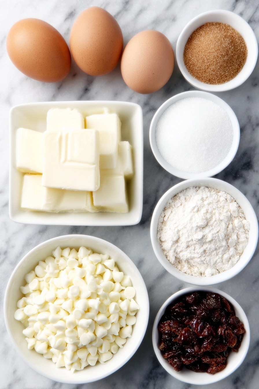 Flat lay of a small pile of cold butter cubes, two whole brown eggs with clean shells, a small white ceramic bowl of light brown soft packed brown sugar, a small white ceramic bowl of white granulated sugar, a small white ceramic bowl of clear vanilla extract, a small white ceramic bowl of all-purpose flour, a small white ceramic bowl filled with old fashioned rolled oats, a small white ceramic bowl of baking soda powder, a small white ceramic bowl of fine cornstarch, a small white ceramic bowl of white salt crystals, a small white ceramic bowl heaped with bright red sweetened dried cranberries, a small white ceramic bowl filled with white chocolate chips, all arranged symmetrically and evenly spaced on a clean white marble surface, soft natural light, photo taken with an iPhone, professional food photography style, fresh ingredients, white ceramic bowls, no bottles, no duplicates, no utensils, no packaging --ar 2:3 --v 7 --p m7354615311229779997 - Oatmeal Cranberry White Chocolate Cookies, Cranberry White Chocolate Cookies, Easy Oatmeal Cookies, Chewy Cranberry Cookies, White Chocolate Cookie Recipe