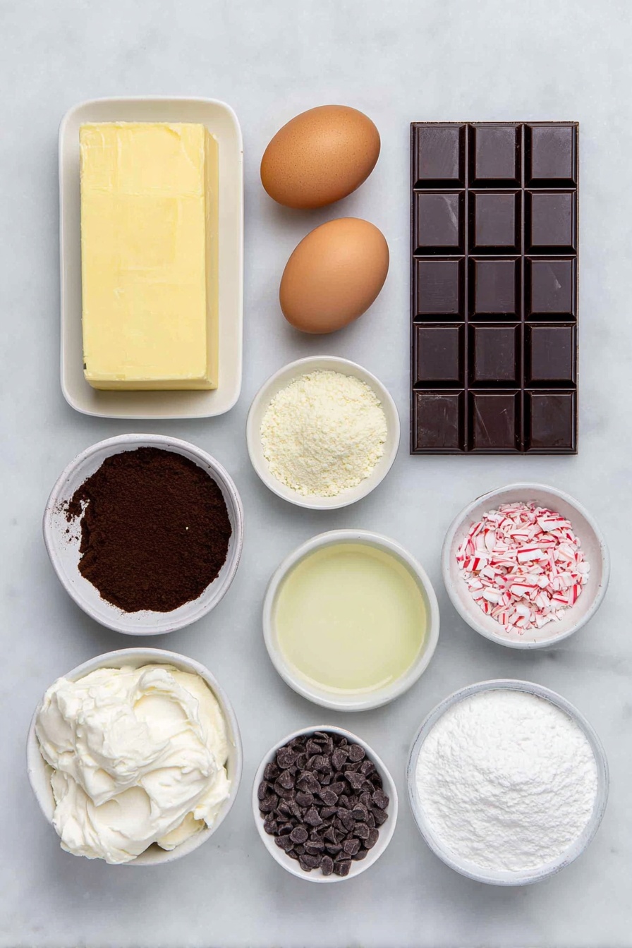 Flat lay of a small bar of rich bittersweet chocolate, a few cubes of pale yellow butter, a small mound of white granulated sugar, two brown eggs with clean shells, a small white bowl of clear peppermint extract, a small white bowl of light vanilla extract, a small heap of pale all-purpose flour, a small white bowl of dark cocoa powder, a small pinch of white salt crystals, a square block of creamy white cream cheese, a few slices of softened pale butter, a small white bowl filled with fine powdered sugar, a small white bowl of thick heavy whipping cream, a small handful of glossy bittersweet chocolate chips, and a small pile of crushed candy cane pieces—all arranged symmetrically, placed on a clean white marble surface, soft natural light, photo taken with an iPhone, professional food photography style, fresh ingredients, white ceramic bowls, no bottles, no duplicates, no utensils, no packaging --ar 2:3 --v 7 --p m7354615311229779997 - Peppermint Brownies with Cream Cheese Top, peppermint brownies, festive chocolate brownies, chocolate peppermint dessert, holiday brownie recipes