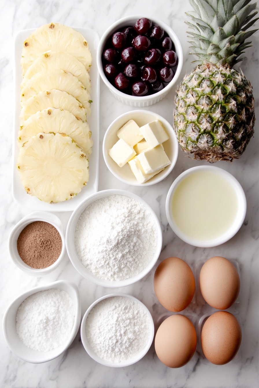 Flat lay of fresh pineapple slices arranged neatly, a handful of glossy bright red maraschino cherries, a small white ceramic bowl of golden melted butter, a small white bowl filled with rich brown sugar, a neat mound of fine all-purpose flour, a small white bowl holding creamy full-fat sour cream, a small white bowl with smooth pale yellow butter softened, two large whole brown eggs with clean shells, a small white bowl containing clear pale yellow pineapple juice, a small white bowl of fine white sugar, a small white bowl with milk, a tiny heap of fine baking powder, a pinch of baking soda, and a pinch of salt, all ingredients symmetrically arranged on a clean white marble surface, soft natural light, photo taken with an iPhone, professional food photography style, fresh ingredients, white ceramic bowls, no bottles, no duplicates, no utensils, no packaging --ar 2:3 --v 7 --p m7354615311229779997 - Pineapple Upside Down Cake, pineapple upside down cake recipe, retro pineapple cake, caramelized pineapple cake, moist pineapple cake