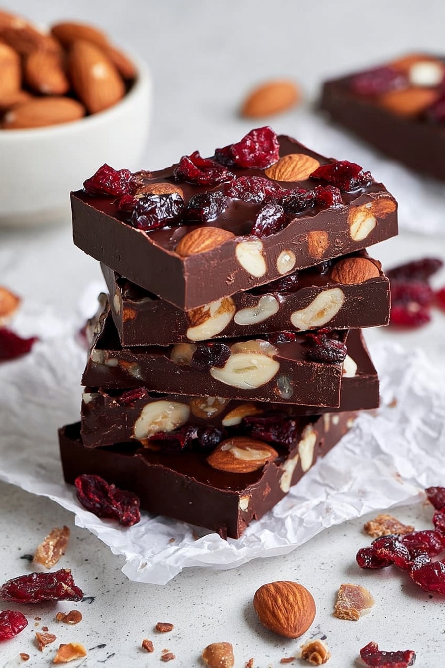 The image shows a stack of four thick rectangular chocolate pieces, each layered with whole almonds embedded inside and many dried cranberries on top. The top layer is glossy dark chocolate holding the almonds and cranberries that add a rich red and brown color contrast. The chocolate blocks are placed on white crumpled paper, with scattered dried cranberries and small chocolate crumbs around. The background is a white marbled surface with a blurred white bowl filled with more almonds in the distance. Photo taken with an iphone --ar 2:3 --v 7 - Easy Chocolate Bark, Chocolate Bark with Nuts and Fruit, Nut and Fruit Chocolate Bark, Quick Chocolate Bark, Homemade Chocolate Treats