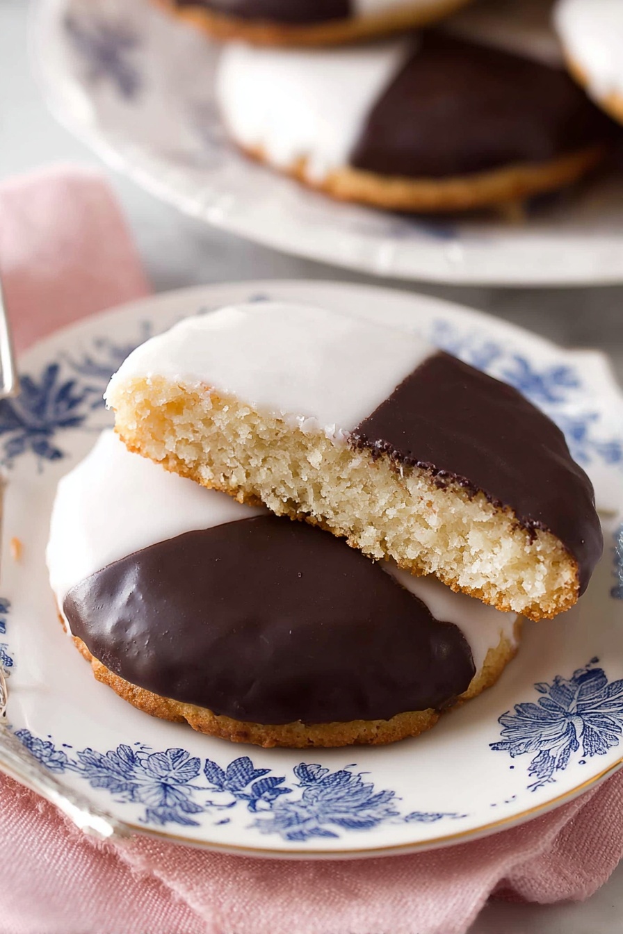The image shows a round cookie with two layers on top: one half has smooth, glossy white icing and the other half has shiny dark chocolate icing. The cookie base is light golden and looks soft and fluffy inside. One cookie is whole, and another is cut in half, revealing the airy inside texture. The cookies are placed close together on a white plate with blue floral patterns, set on a soft pink cloth with a white marbled surface underneath. Photo taken with an iphone --ar 2:3 --v 7 - Black and White Cookies, Black and White Cookies recipe, bakery-style black and white cookies, vanilla and chocolate split icing cookies, homemade black and white cookies