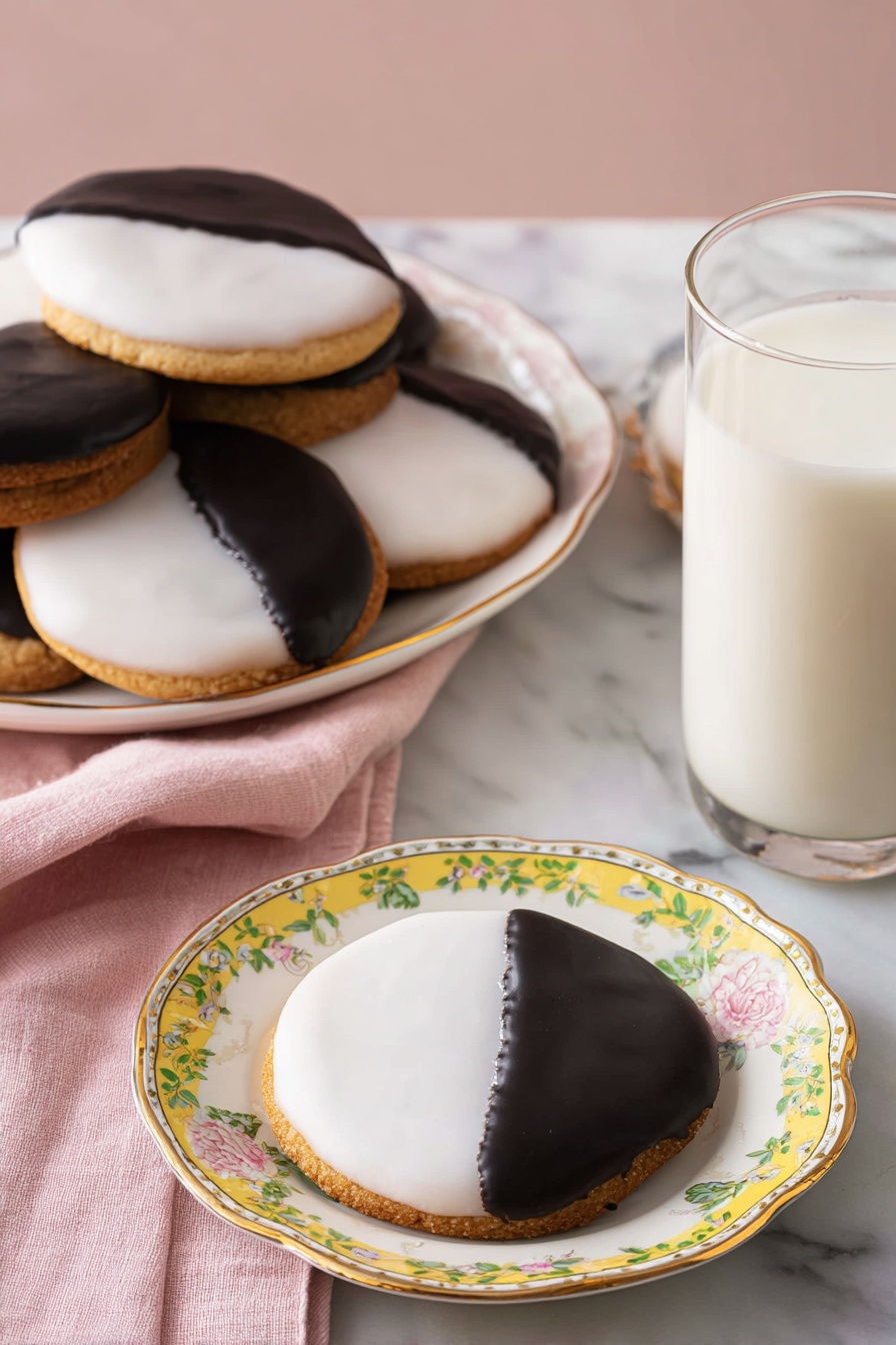 The image shows round cookies with two layers of icing on top: one half is smooth, shiny black and the other half is smooth, white. The cookies have a golden-brown base visible along the edges, and the icing covers the entire top surface in a clean split. The cookies are placed on a white plate with a yellow and green floral pattern, and several are on a white plate with a gold rim and floral design. The setting includes a soft pink cloth beneath the plates, a white marbled surface as background, and a tall glass of creamy white milk on the right side. The lighting is soft, enhancing the contrast between the white and black layers of icing. photo taken with an iphone --ar 2:3 --v 7 - Black and White Cookies, Black and White Cookies recipe, bakery-style black and white cookies, vanilla and chocolate split icing cookies, homemade black and white cookies