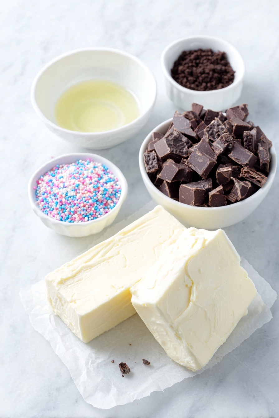 Flat lay of whole unbroken Oreo cookies arranged neatly, a block of fresh full-fat cream cheese with a smooth surface, coarsely chopped semi-sweet chocolate pieces in a small white ceramic bowl, a small white bowl with clear vegetable oil, a small white bowl filled with colorful round sprinkles, and a small white bowl holding fine Oreo crumbs, all placed on a clean white marble surface, soft natural light, photo taken with an iPhone, professional food photography style, fresh ingredients, white ceramic bowls, no bottles, no duplicates, no utensils, no packaging --ar 2:3 --v 7 --p m7354615311229779997 - Easy Oreo Truffles, Oreo Truffles, no-bake Oreo dessert, chocolate truffles, simple cookie treats