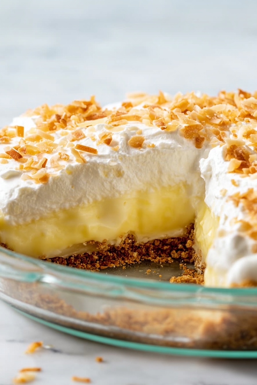 The image shows a close-up side view of a pie in a clear glass dish on a white marbled surface. The pie has three layers: the bottom layer is a brown, crunchy crumb crust; the middle layer is thick, smooth, pale yellow filling; the top layer is a thick, fluffy white whipped cream spread evenly over the filling. The whipped cream is sprinkled with small pieces of toasted coconut, adding a light brown crunchy texture on top. The photo is bright and clear, focusing on the pie's layers and textures. Photo taken with an iphone --ar 2:3 --v 7 - Coconut Cream Pie, Coconut Cream Pie Recipe, Easy Coconut Pie, Homemade Coconut Pie, Coconut Dessert