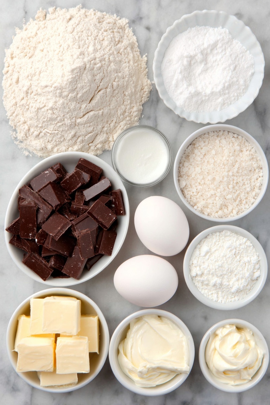 Flat lay of a small mound of all-purpose flour, a small white bowl of powdered sugar, a few coarse kosher salt crystals scattered delicately, diced cold unsalted butter pieces, one large whole uncracked egg, a small white bowl of granulated sugar, a small white bowl of cornstarch, two large whole uncracked egg yolks placed side by side in a small white bowl, a small white bowl of whole milk, a neat pile of chopped dark chocolate chunks, a few pieces of unsalted butter, a small white bowl with clear vanilla extract, a small dollop of softened cream cheese, a small white bowl with an additional portion of granulated sugar, a small white bowl with a little vanilla extract, and a small white bowl of heavy cream — all arranged symmetrically on a clean white marble surface, soft natural light, photo taken with an iPhone, professional food photography style, fresh ingredients, white ceramic bowls, no bottles, no duplicates, no utensils, no packaging --ar 2:3 --v 7 --p m7354615311229779997 - Decadent Chocolate Cream Pie, chocolate cream pie recipe, homemade chocolate pie, rich chocolate dessert, easy chocolate pie