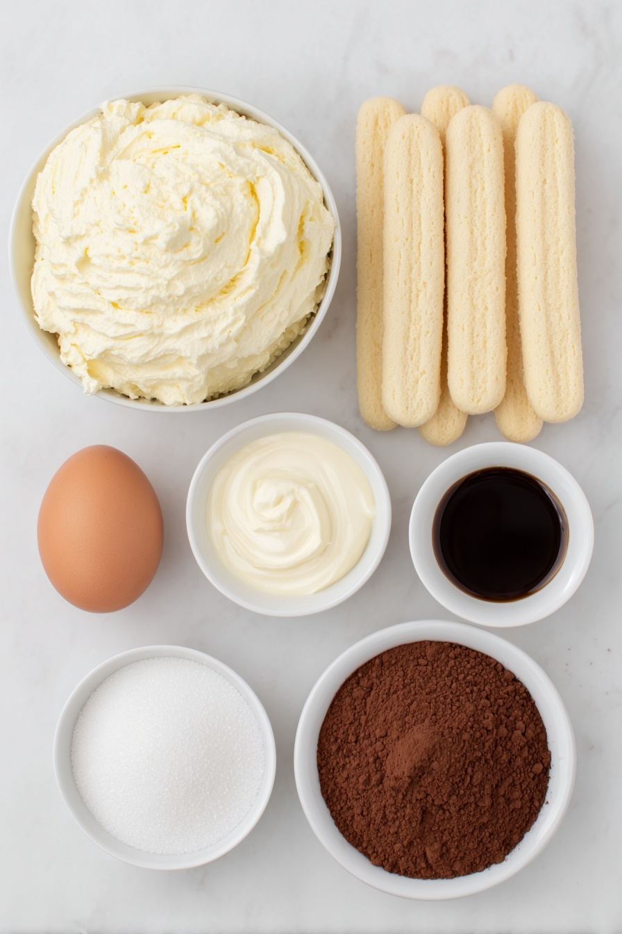 Flat lay of a small mound of fresh mascarpone cheese, a small bowl of thick heavy whipping cream, a small white bowl filled with fine granulated sugar, a whole uncracked brown egg with a clean shell, a small white bowl of dark cold espresso, a small white bowl with amber coffee flavored liqueur, fresh whole ladyfinger biscuits arranged neatly, and a small white bowl holding finely sifted cocoa powder dusting, all placed on a clean white marble surface, soft natural light, photo taken with an iPhone, professional food photography style, fresh ingredients, white ceramic bowls, no bottles, no duplicates, no utensils, no packaging --ar 2:3 --v 7 --p m7354615311229779997 - Easy Coffee Tiramisu, coffee tiramisu dessert, simple tiramisu recipe, homemade tiramisu with coffee, quick coffee tiramisu