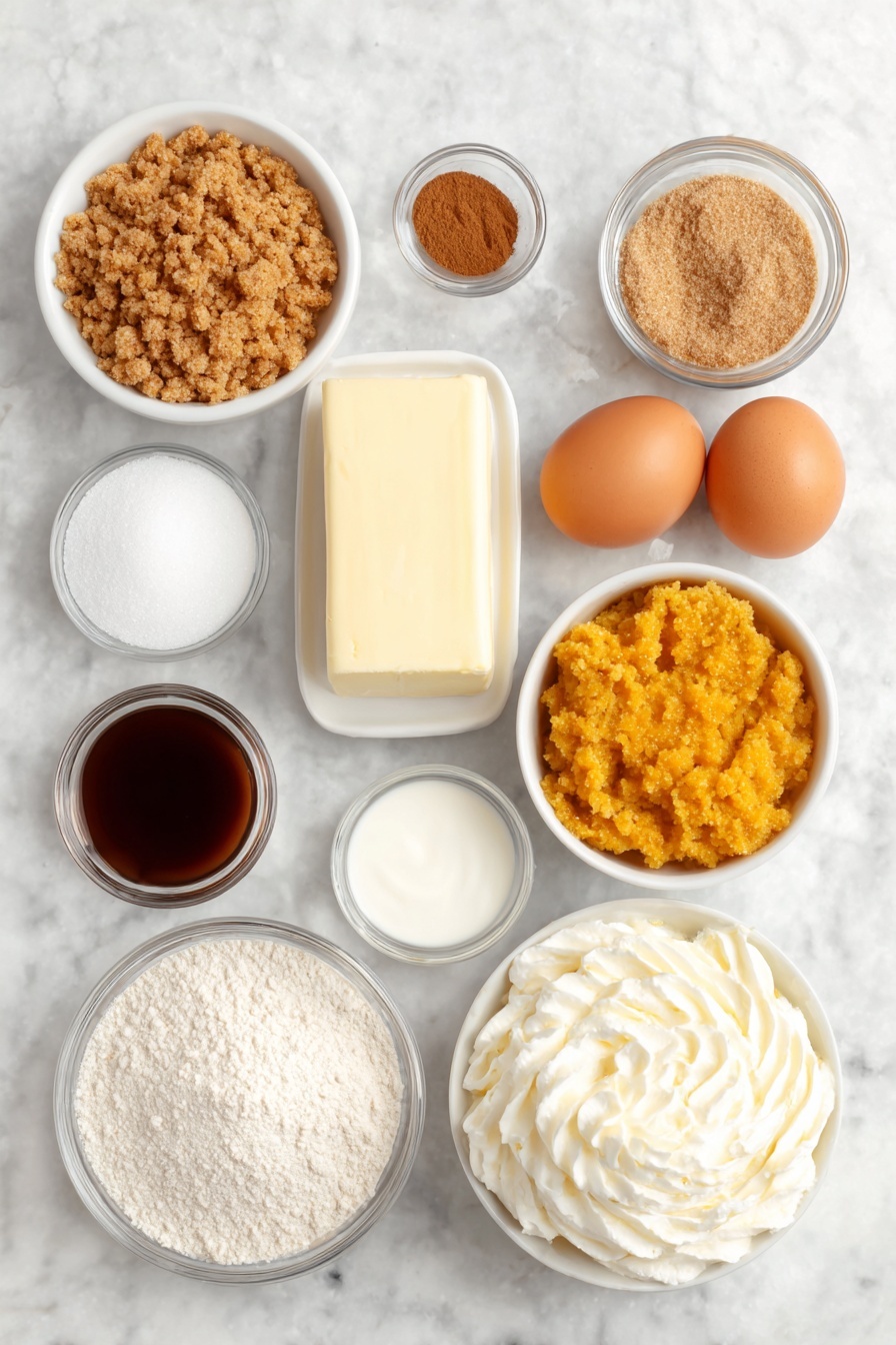 Flat lay of a small mound of golden graham cracker crumbs, a few uneven chunks of creamy unsalted butter, a small white bowl filled with granulated sugar, a teaspoon of ground cinnamon neatly sprinkled on a white dish, a block of smooth cream cheese, a pile of packed light brown sugar, a dollop of bright orange pumpkin puree on a white ceramic plate, four large whole brown eggs with clean shells, a small white bowl holding sour cream, a small heap of all-purpose flour, a small dish with a mix of pumpkin pie spice, a pinch of fine salt on a white plate, a small white bowl of clear vanilla extract, a small white bowl filled with rich golden butterscotch sauce, and a cloud-like swirl of fresh whipped cream—all ingredients arranged symmetrically with balanced spacing, placed on a clean white marble surface, soft natural light, photo taken with an iPhone, professional food photography style, fresh ingredients, white ceramic bowls, no bottles, no duplicates, no utensils, no packaging --ar 2:3 --v 7 --p m7354615311229779997 - Delicious Pumpkin Cheesecake, pumpkin cheesecake, no-crack cheesecake, festive pumpkin dessert, easy pumpkin cheesecake