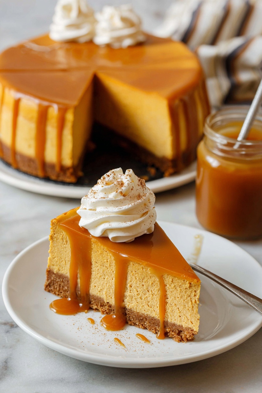 A slice of pumpkin pie with three visible layers is on a white plate placed on a white marbled surface; the bottom layer is a brown crust, the middle layer is a thick, smooth orange pumpkin filling, and the top layer is a glossy caramel sauce dripping down the sides; on top, there is a large swirl of white whipped cream sprinkled with light brown spice; a silver fork rests on the plate's edge and a jar with caramel sauce and a spoon in it is blurred in the background; photo taken with an iphone --ar 2:3 --v 7 - Delicious Pumpkin Cheesecake, pumpkin cheesecake, no-crack cheesecake, festive pumpkin dessert, easy pumpkin cheesecake