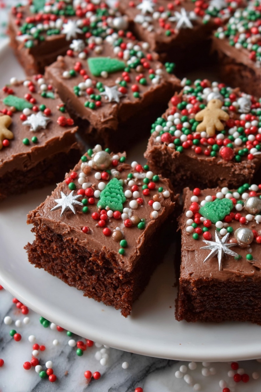 Several square pieces of chocolate brownies with a thick layer of chocolate frosting on top are placed on a white plate. The frosting is covered with colorful Christmas-themed sprinkles, including red, green, white, and brown shapes like stars and gingerbread men. Some sprinkles have fallen onto the plate. Near the plate, there is a small white bowl filled with more of the same sprinkles. A cute reindeer decoration with wooden antlers and a brown nose sits beside the bowl on a white marbled surface. A knitted mitten with red, green, and white patterns and buttons is also visible under the plate. photo taken with an iphone --ar 2:3 --v 7 - Chocolate Frosted Christmas Brownies, festive holiday brownies, fudgy Christmas brownies, chocolate frosting brownie recipe, holiday brownie dessert