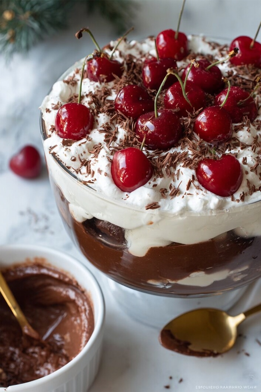 The dessert is shown in a clear glass bowl with a tall stem, placed on a white marbled surface. At the bottom, there is a thick layer of round chocolate rolls, dark brown and soft-looking. Above that, there is a smooth light brown chocolate layer. The middle layer is white and creamy, topped by a dark red cherry jam layer with visible cherry pieces. A thick, dark chocolate layer sits above the jam, and the top layer is a generous amount of white whipped cream decorated with whole bright red cherries and lightly sprinkled with chocolate shavings. The background is soft and out of focus with a hint of green foliage. Photo taken with an iphone --ar 2:3 --v 7 - Black Forest Trifle with Cherries and Chocolate, easy Black Forest dessert, cherry chocolate trifle, no-bake holiday dessert, layered black forest treat