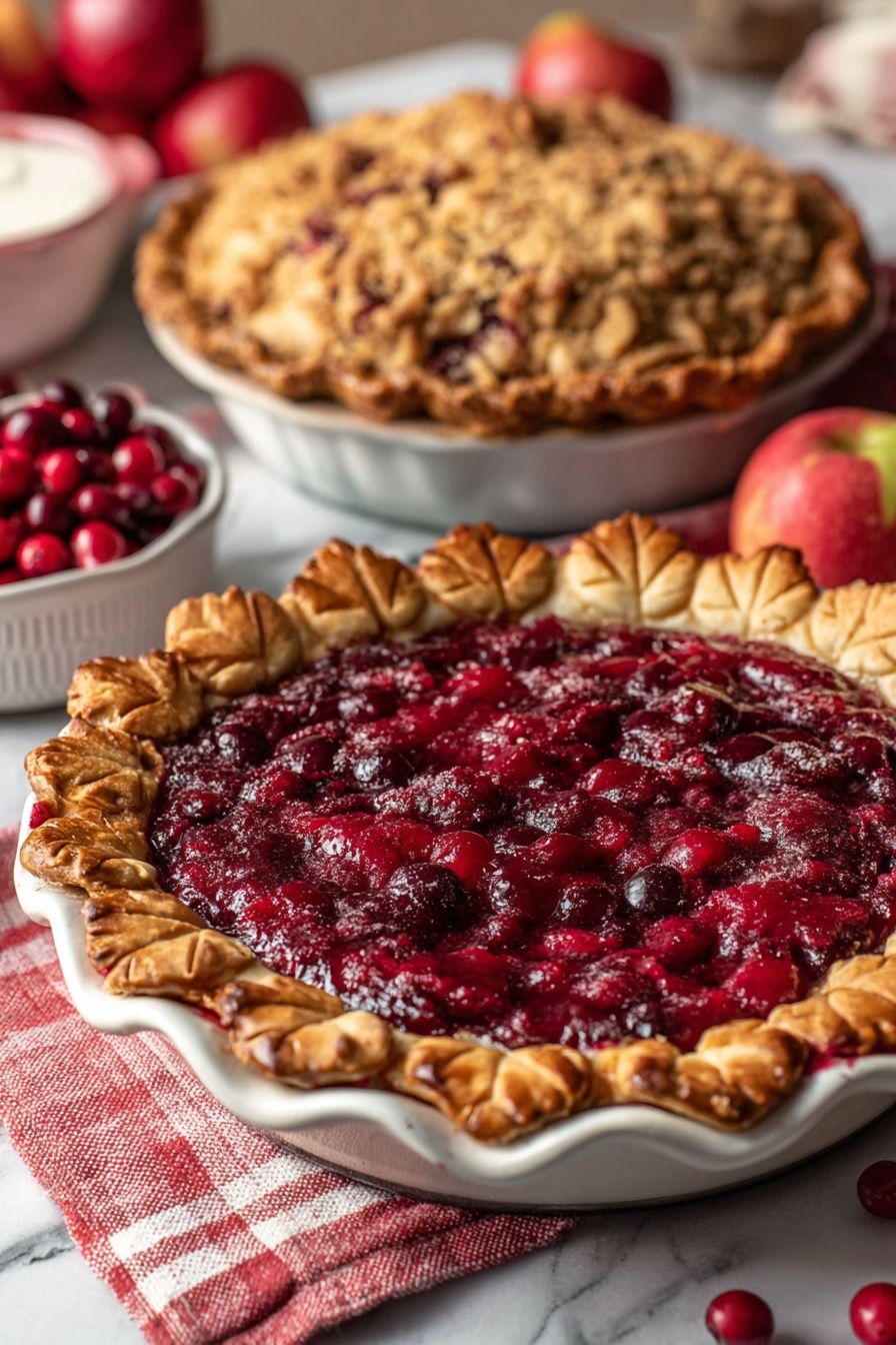 A close-up view shows a deep red fruit pie with a thick, textured filling that is shiny and full of small fruit pieces. The pie crust is golden brown and flaky, with decorative leaf shapes pressed into the edge, which rests on the rim of a white pie dish. The background shows some loose red fruits scattered on a white marbled surface, with a stack of patterned white plates and silver forks in soft focus behind the pie. The overall scene is bright and inviting. photo taken with an iphone --ar 2:3 --v 7 - Best Cranberry Pie, Cranberry Pie Easy, Holiday Cranberry Pie, Tart Cranberry Pie, Cranberry Pie with Orange Zest