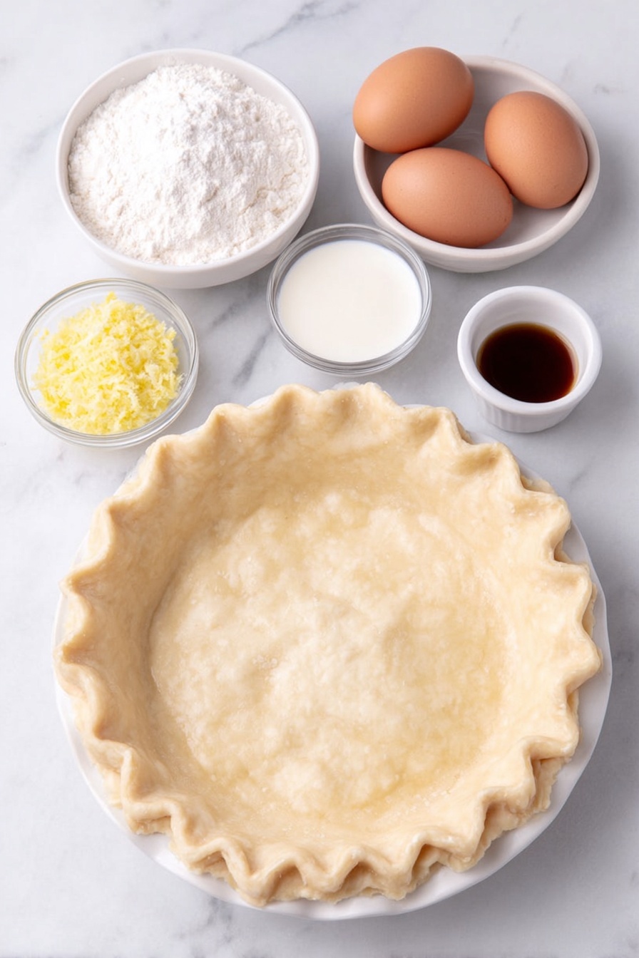Flat lay of a pristine unbaked 9-inch pie crust on a simple white ceramic plate, three whole large brown eggs with clean shells, a small white bowl of granulated sugar, a small white bowl of all-purpose flour, a small white bowl containing melted golden butter, a small white bowl filled with fresh buttermilk, a small white bowl of clear lemon juice, a small heap of bright yellow lemon zest, a small white bowl of vanilla extract, and a tiny pinch of kosher salt arranged symmetrically in a balanced composition, all ingredients fresh and natural, placed on a clean white marble surface, soft natural light, photo taken with an iPhone, professional food photography style, fresh ingredients, white ceramic bowls, no bottles, no duplicates, no utensils, no packaging --ar 2:3 --v 7 --p m7354615311229779997 - Buttermilk Pie, classic buttermilk pie, easy pie recipes, custard pie with lemon zest, homemade pie desserts