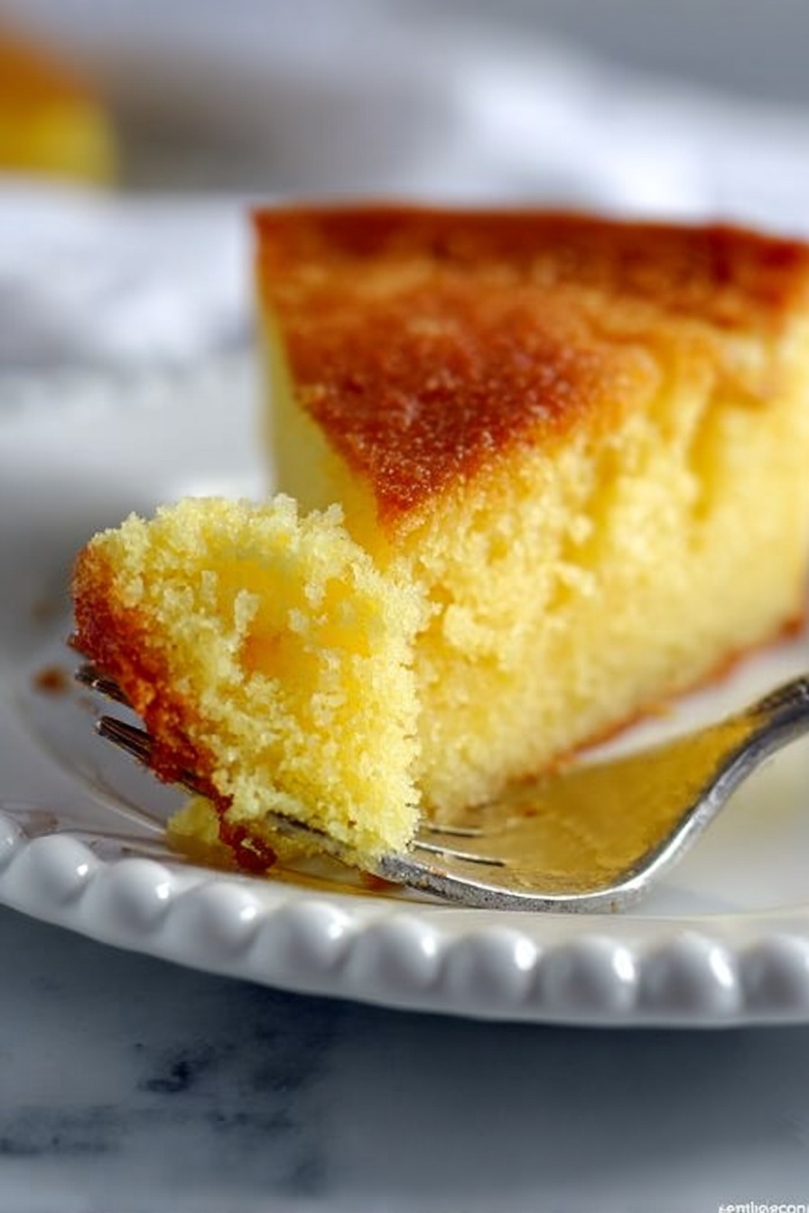 A close-up image shows a piece of yellow cake with a golden brown crust on top and the sides, held by a silver fork. The cake looks soft and moist inside, with a slightly crumbly texture. The fork is resting on a white plate with a beaded edge, which sits on a white marbled surface. The background is softly blurred, focusing on the cake piece. Photo taken with an iphone --ar 2:3 --v 7 - Buttermilk Pie, classic buttermilk pie, easy pie recipes, custard pie with lemon zest, homemade pie desserts