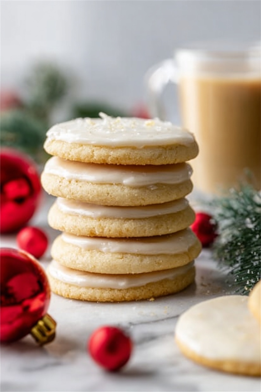 The image shows a stack of five round cookies with a smooth, pale golden texture, placed on a white marbled surface. Each cookie has a slightly darker edge and a flat top, with the top cookie featuring a light frosting layer covering its surface. Around the stack, there are small red Christmas ornaments and green pine leaves blurred in the background, adding a festive touch. A blurred glass with a light brown drink is visible behind the cookies. The focus is on the stack, with soft, natural light enhancing the warm colors. Photo taken with an iphone --ar 2:3 --v 7 - Eggnog Cookies with Cinnamon and Nutmeg, festive holiday cookies, Christmas eggnog cookie recipe, soft tender holiday cookies, easy eggnog cookie recipe