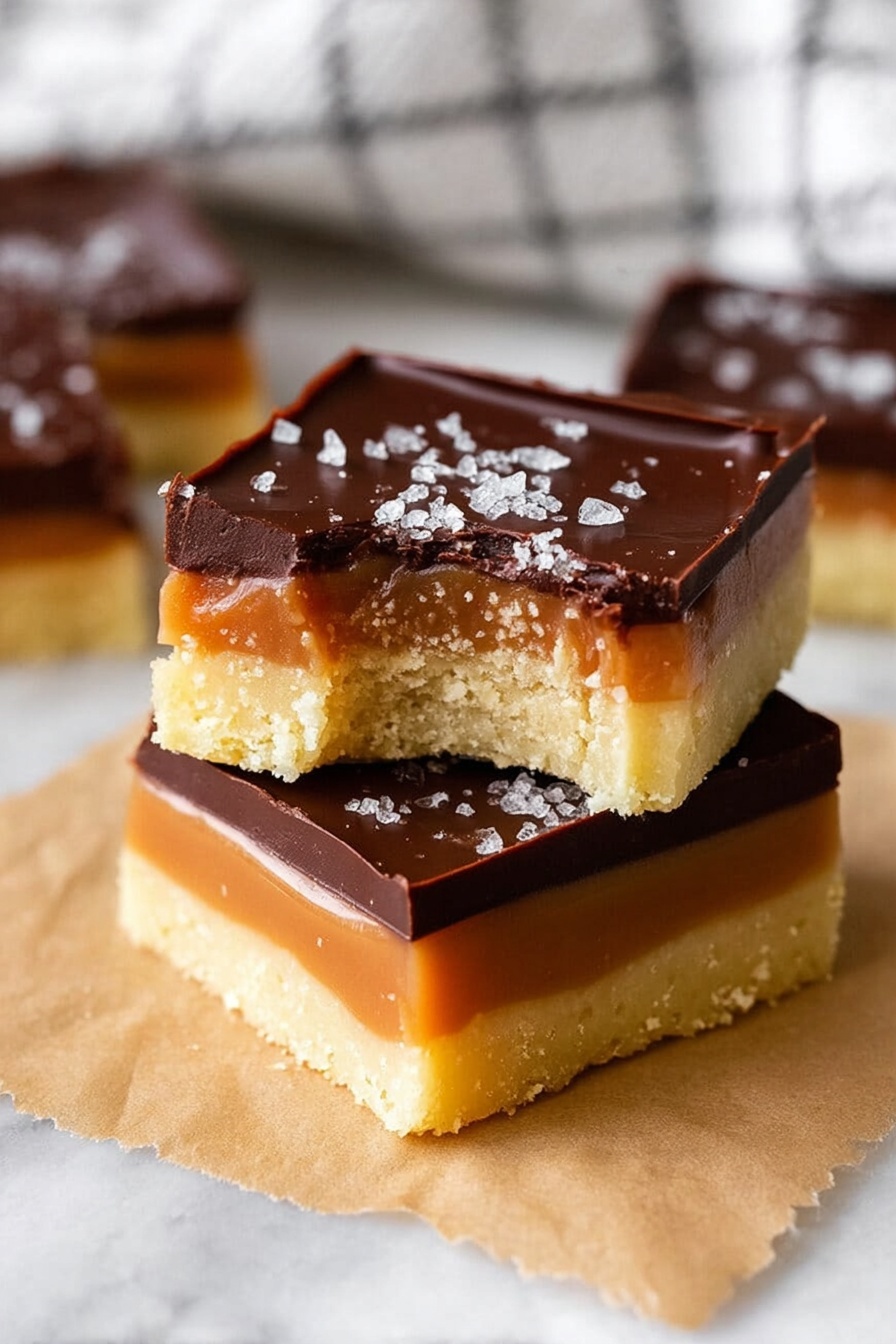The image shows two stacked dessert squares with three clear layers: the bottom layer is light yellow and crumbly like shortbread, the middle layer is a smooth caramel in a golden brown color, and the top layer is a thick dark chocolate with a shiny, smooth texture sprinkled with flaky white sea salt. The top square has a bite taken out of it, showing the soft inside of each layer. The treats are placed on a piece of parchment paper on a white marbled surface, with a white and black checkered cloth blurred in the background. photo taken with an iphone --ar 2:3 --v 7 - Easy Millionaire's Shortbread Bars, millionaire's shortbread bars, caramel shortbread bars, chocolate caramel shortbread, no-bake shortbread bars