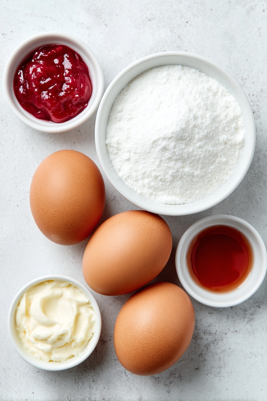 Flat lay of three whole large brown eggs with clean shells, a small white ceramic bowl filled with fine white sugar, a small white ceramic bowl holding clear peppermint concentrate liquid, and a tiny white ceramic dish containing bright red gel-paste food coloring, all arranged symmetrically and naturally on a clean white marble surface, soft natural light, photo taken with an iPhone, professional food photography style, fresh ingredients, white ceramic bowls, no bottles, no duplicates, no utensils, no packaging --ar 2:3 --v 7 --p m7354615311229779997 - Peppermint Meringues, peppermint meringues recipe, holiday meringues, easy peppermint treats, festive peppermint desserts