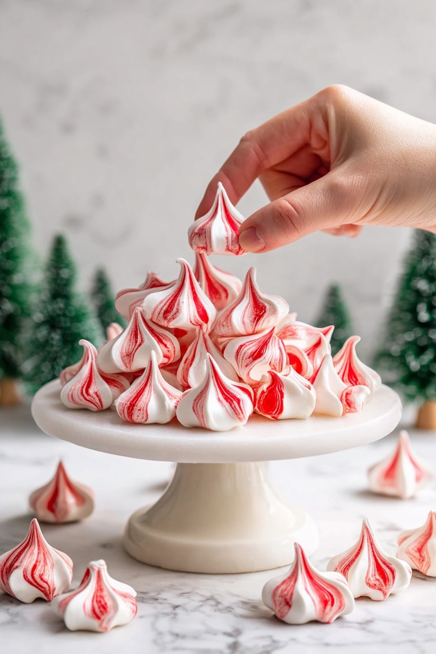 A white scalloped bowl filled with many small meringue kisses, each with swirled red and white coloring in sharp peaks, almost like little stars, stacked closely together. The meringues have a smooth, glossy texture with a soft curl at their tips. Around the bowl on a white marbled surface, several loose meringue kisses lie scattered, showing their bright red and white swirl pattern more clearly. The scene is brightly lit, emphasizing the shiny, crisp texture of the meringues. Photo taken with an iphone --ar 2:3 --v 7 - Peppermint Meringues, peppermint meringues recipe, holiday meringues, easy peppermint treats, festive peppermint desserts
