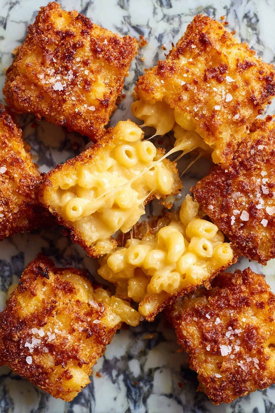 The image shows several crispy, golden brown squares with a crunchy texture and sprinkled with coarse salt on top. One square is broken in the middle, revealing creamy, soft macaroni and cheese inside with stretchy melted cheese. The background is a white marbled surface with a pattern and the squares are arranged in a close group. photo taken with an iphone --ar 2:3 --v 7 - Crispy Fried Mac and Cheese Bites, crunchy cheese appetizer, cheesy snack bites, quick party appetizer, baked mac and cheese bites
