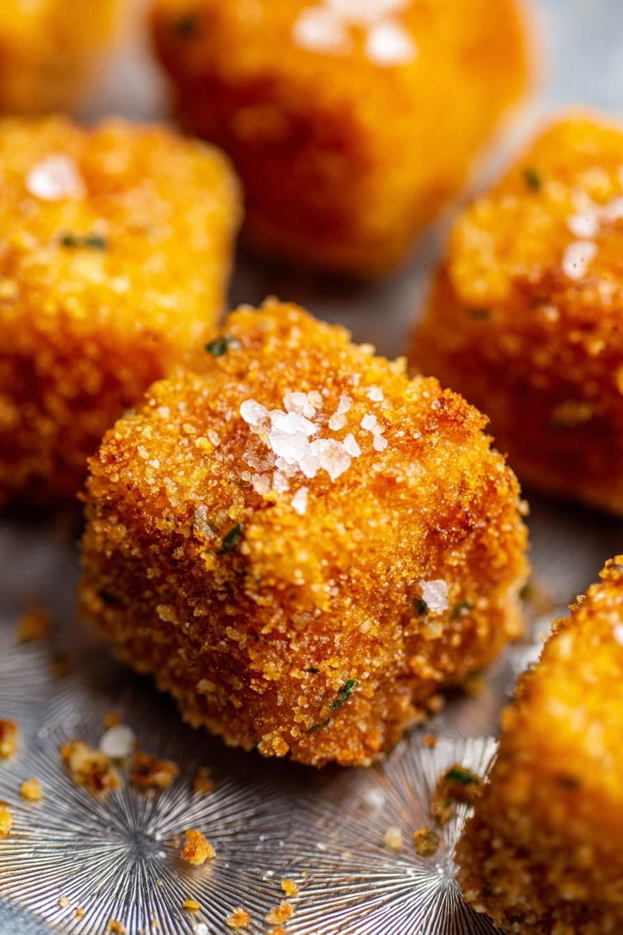 The image shows several small, golden brown crispy cubes with a crunchy texture, sprinkled with coarse white salt on top. The cubes have an even coating with flecks of green herbs visible inside the crust. They are arranged on a metallic surface with a starburst pattern, which has been changed to look like a white marbled texture in your use. The crispy cubes have a rough, crumbly coating, and the close-up view highlights their crunchy and textured surface. photo taken with an iphone --ar 2:3 --v 7 - Crispy Fried Mac and Cheese Bites, crunchy cheese appetizer, cheesy snack bites, quick party appetizer, baked mac and cheese bites