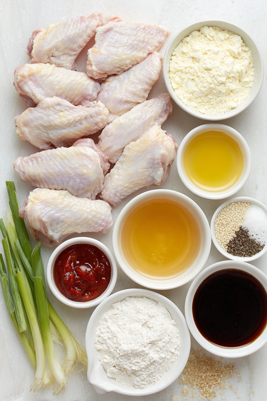 Flat lay of ten fresh raw chicken wings arranged neatly next to a small white ceramic bowl of all-purpose flour, a small white bowl containing coarse ground black pepper, a small white bowl with light brown granulated garlic powder, a small white bowl holding fine onion powder, a small white bowl filled with coarse salt, a small white bowl of golden honey glistening under natural light, a small white bowl of light brown sugar with a slightly moist texture, a small white bowl of vibrant red sweet chili sauce, a small white bowl of dark soy sauce with a glossy surface, a few fresh spring onion stalks finely chopped and placed separately, and a small white bowl with scattered white sesame seeds — all ingredients fresh and natural, perfectly spaced and symmetrical, placed on a clean white marble surface, soft natural light, photo taken with an iPhone, professional food photography style, fresh ingredients, white ceramic bowls, no bottles, no duplicates, no utensils, no packaging --ar 2:3 --v 7 --p m7354615311229779997 - Honey Garlic Chicken Wings, Easy Honey Garlic Wings Recipe, Crispy Honey Garlic Chicken, Sweet and Savory Chicken Wings, Best Honey Garlic Wing Recipe