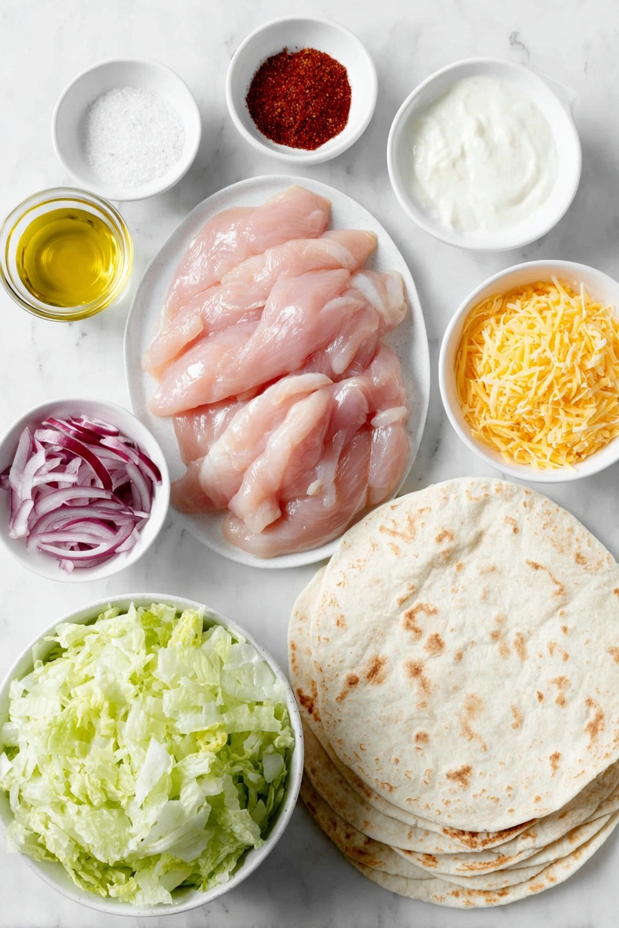 Flat lay of a raw boneless skinless chicken breast sliced into long strips, a small white bowl of golden olive oil, a small white bowl filled with bright orange Franks Buffalo Wings sauce, a small white bowl with reddish smoked paprika powder, a small white bowl with pale beige garlic powder, a small white bowl with fine white salt, four large plain flour tortillas stacked neatly on a simple white ceramic plate, a small white bowl of creamy white ranch dressing, a symmetrical pile of fresh chopped romaine lettuce leaves, a small white bowl of finely shredded bright orange carrot, a small white bowl with thin half moon slices of vivid purple red onion, a small white bowl filled with shredded sharp cheddar cheese in deep yellow-orange hues, placed on a clean white marble surface, soft natural light, photo taken with an iPhone, professional food photography style, fresh ingredients, white ceramic bowls, no bottles, no duplicates, no utensils, no packaging --ar 2:3 --v 7 --p m7354615311229779997 - Buffalo Chicken Wraps, spicy chicken wraps, easy chicken wrap recipes, healthy buffalo chicken wrap, quick dinner ideas