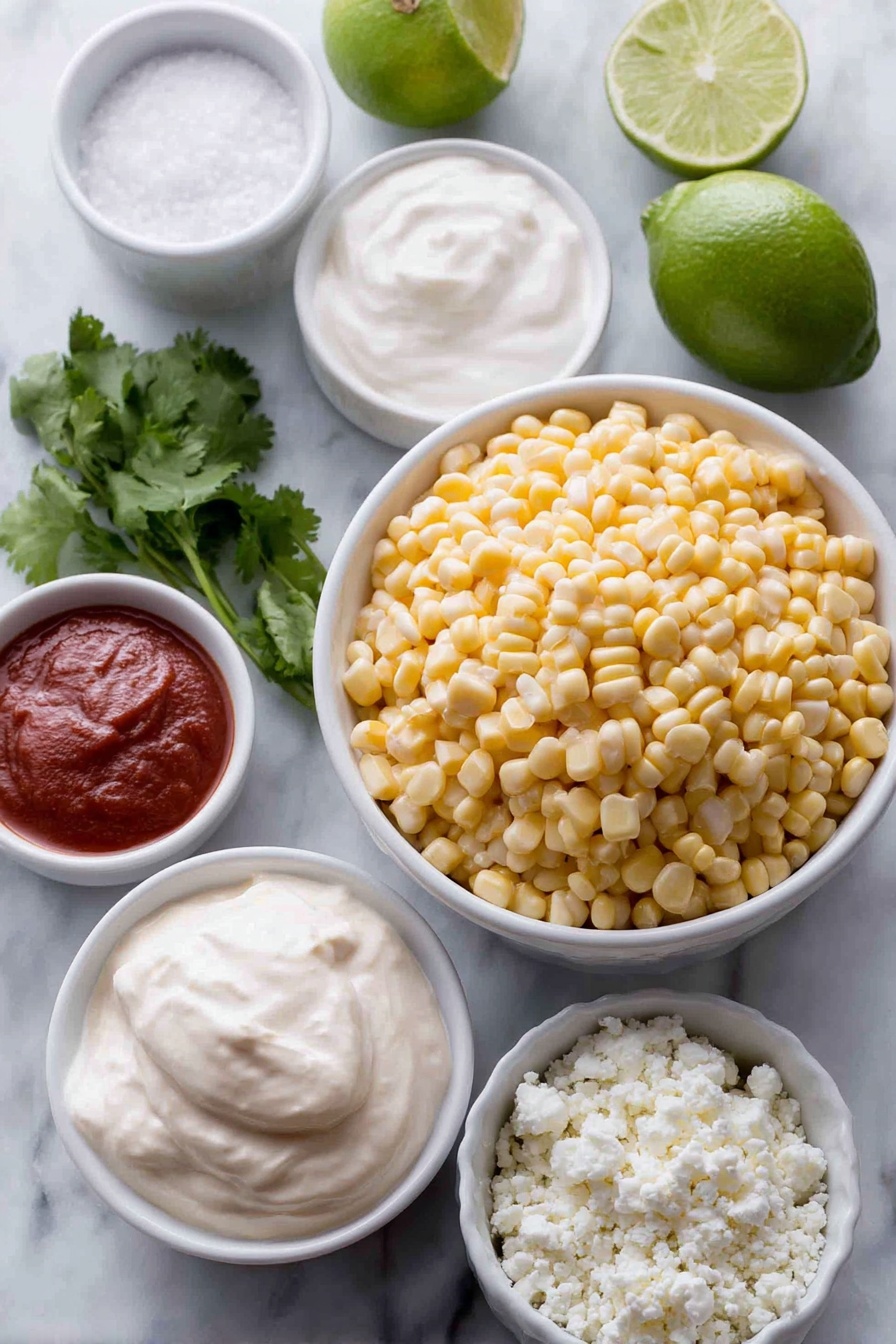 Flat lay of a small pile of bright yellow whole-kernel corn, a small white ceramic bowl of clear water, a small white ceramic bowl with white granulated sugar, a small white ceramic bowl with creamy white mayonnaise, a small white ceramic bowl with thick sour cream, a small white ceramic bowl holding smooth red sriracha sauce, a small white ceramic bowl of fine kosher salt, a small white ceramic bowl of light green lime salt, a small white ceramic bowl with crumbled white cotija cheese, a small bunch of fresh cilantro sprigs, a small white ceramic bowl of deep red chili powder, and a fresh green lime cut into wedges placed on a clean white marble surface, soft natural light, photo taken with an iPhone, professional food photography style, fresh ingredients, white ceramic bowls, no bottles, no duplicates, no utensils, no packaging --ar 2:3 --v 7 --p m7354615311229779997 - Mexican Street Corn Cups, Mexican Street Corn Cupss recipe, Mexican elote cups, easy Mexican street corn, summer snack recipes