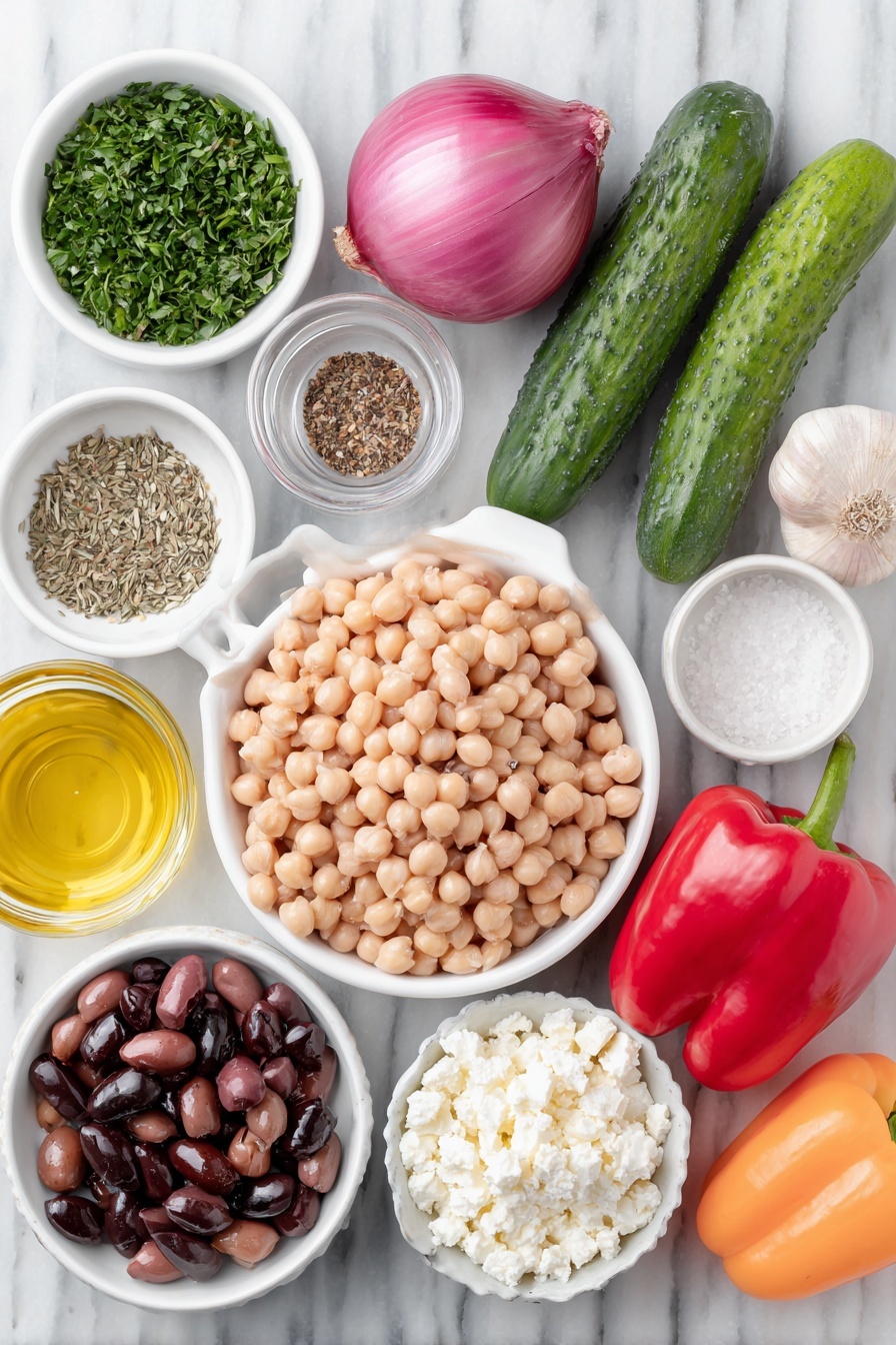 Flat lay of a small white ceramic bowl filled with cooked chickpeas, a small white ceramic bowl with white cannellini beans, a whole red bell pepper, a whole orange bell pepper, two whole Persian cucumbers, half a small red onion cut to show its layers, a small white ceramic bowl of fresh chopped parsley, a small white ceramic bowl with kalamata olives, a small white ceramic bowl with crumbled feta cheese, a small white ceramic bowl containing red wine vinegar, a small white ceramic bowl with golden honey, a small pile of dried oregano leaves, three whole uncracked garlic cloves with papery skins intact, a small white ceramic bowl with fine salt, a small white ceramic bowl with freshly ground black pepper, and a small white ceramic bowl filled with extra virgin olive oil, all arranged symmetrically and balanced, placed on a clean white marble surface, soft natural light, photo taken with an iPhone, professional food photography style, fresh ingredients, white ceramic bowls, no bottles, no duplicates, no utensils, no packaging --ar 2:3 --v 7 --p m7354615311229779997 - Hearty Chickpea and Bean Salad, healthy bean salad, easy vegetarian salad, protein-packed salad recipes, mediterranean bean salad